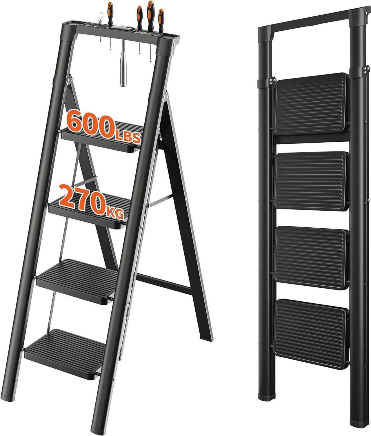 Main image of JOISCOPE 4 Step Ladder, Folding Step Stool with Tool Platform, 600lbs Portable Sturdy Steel Ladder with Wide Anti-Slip Pedal, Lightweight, Convenient Handgrip, Ergonomic Design, Black