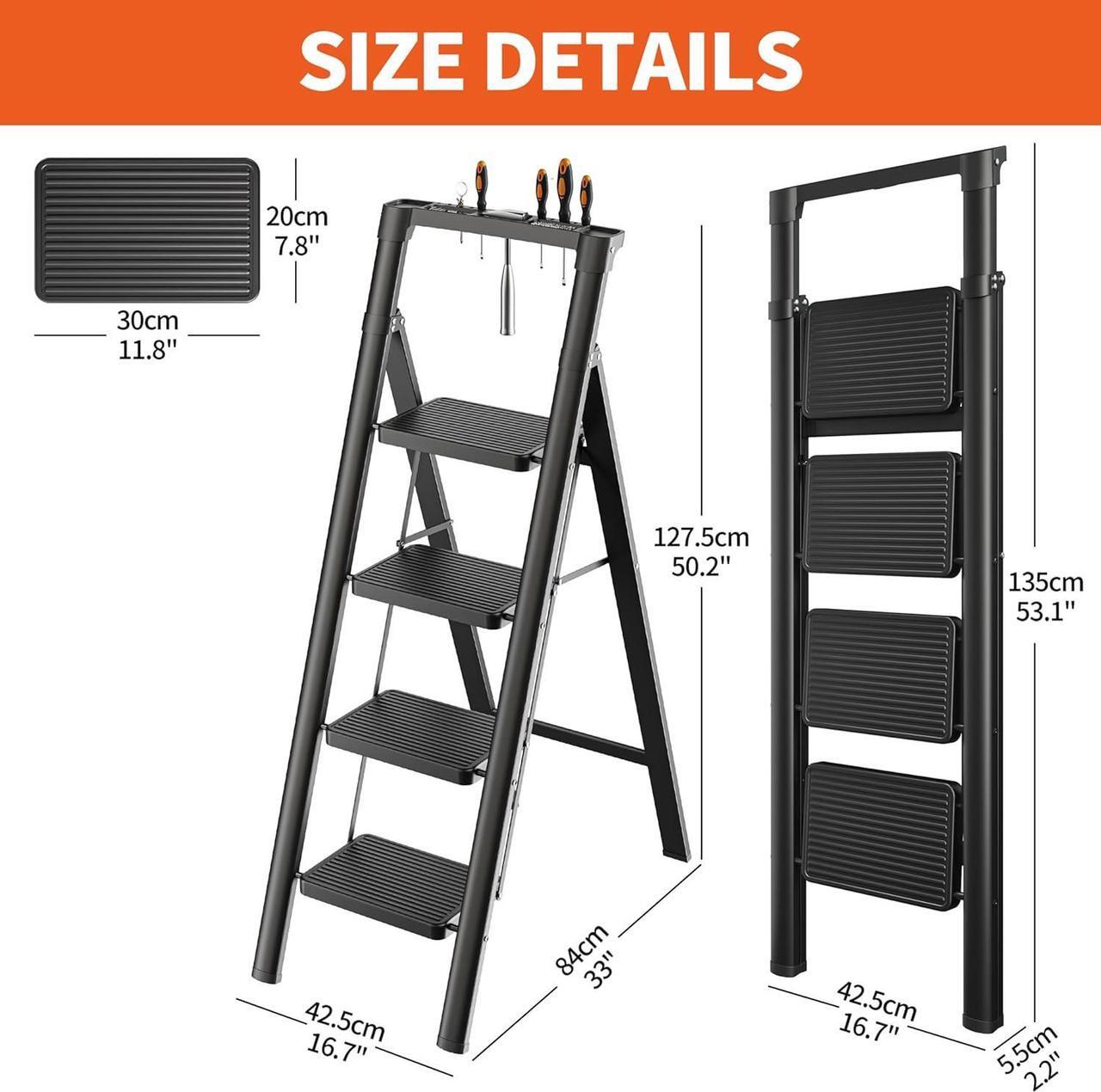 Alt view image 7 of 7 - JOISCOPE 4 Step Ladder, Folding Step Stool with Tool Platform, 600lbs Portable Sturdy Steel Ladder with Wide Anti-Slip Pedal, Lightweight, Convenient Handgrip, Ergonomic Design, Black