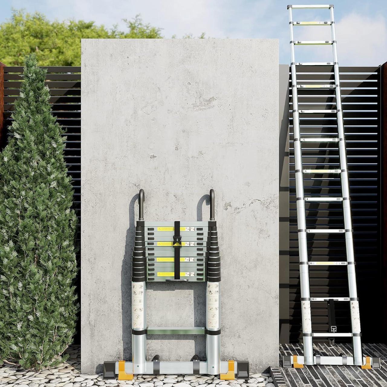 Alt view image 2 of 7 - Folding Telescoping Ladder 12.5 FT, Aluminum Extendable Ladder with 2 Detachable Hooks, Retractable Telescopic Extension Ladder for Indoor Or Outdoor, Lightweigh Collapsible Telescoping Ladders