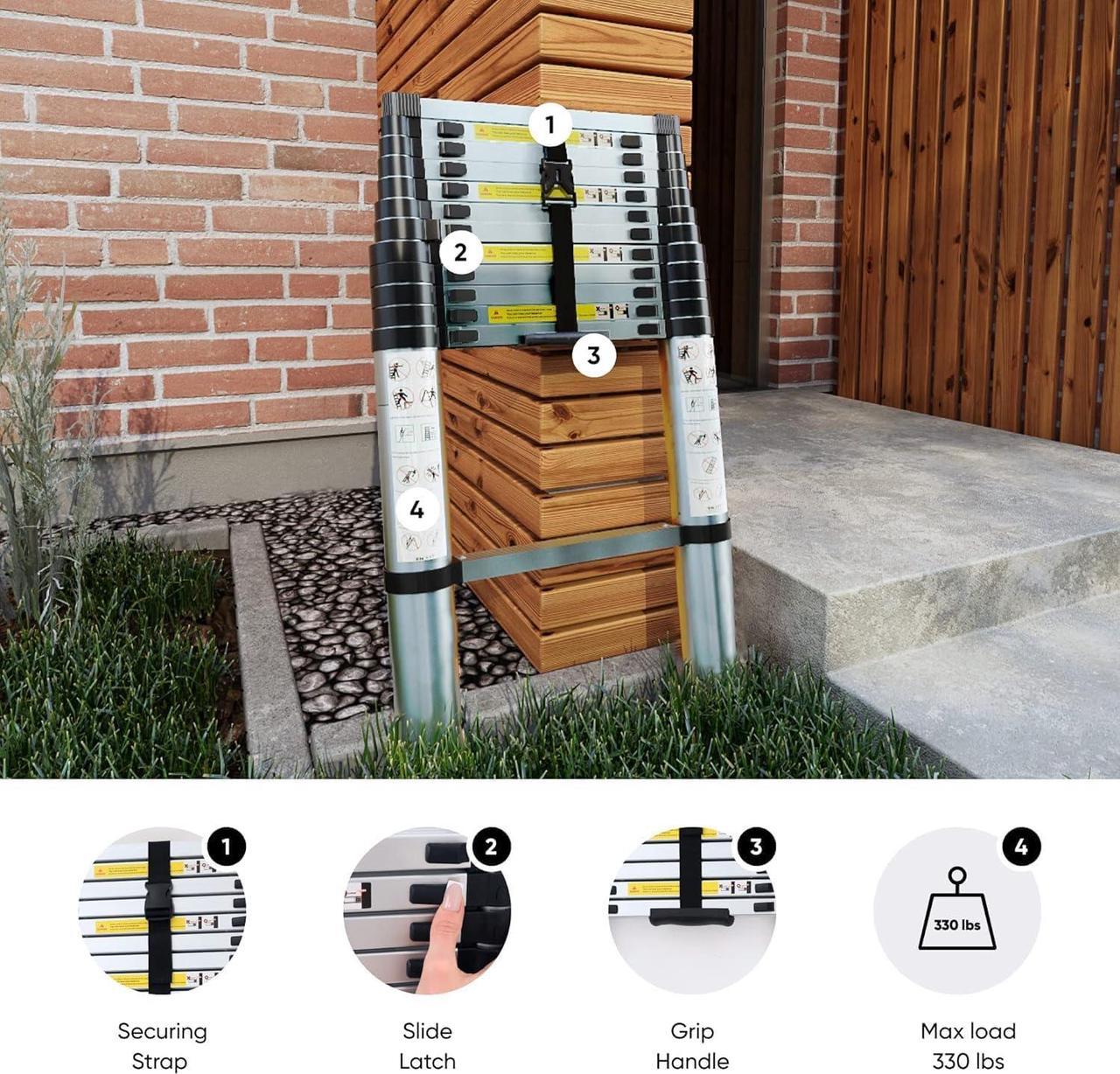 Alt view image 3 of 7 - Folding Telescoping Ladder 12.5 FT, Aluminum Extendable Ladder with 2 Detachable Hooks, Retractable Telescopic Extension Ladder for Indoor Or Outdoor, Lightweigh Collapsible Telescoping Ladders