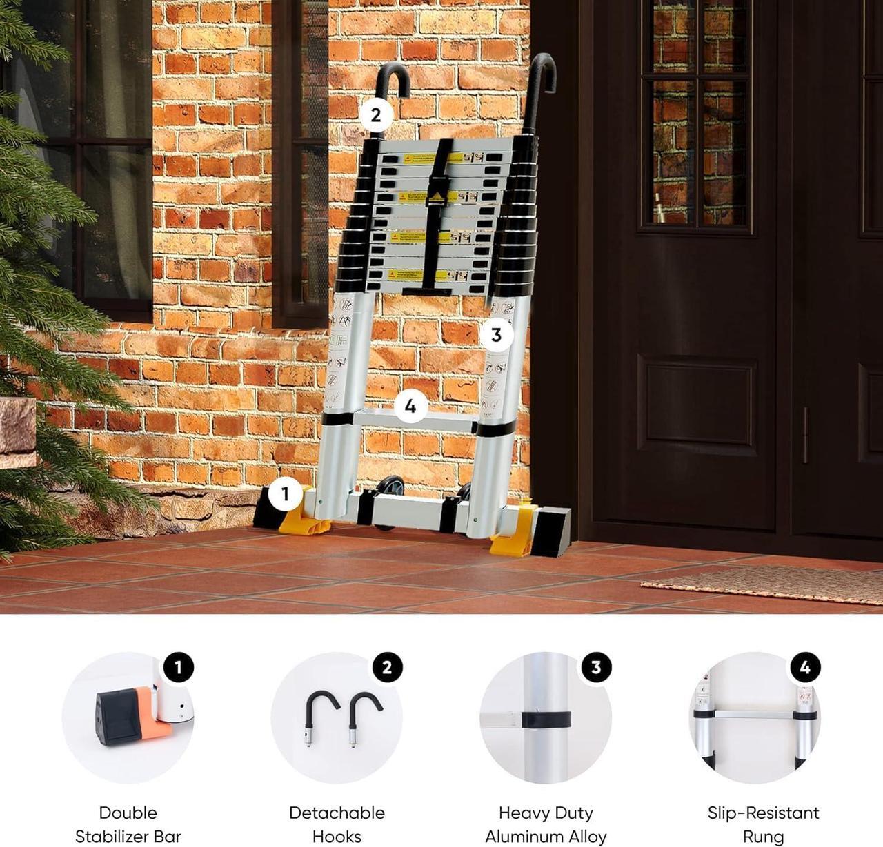 Alt view image 4 of 7 - Folding Telescoping Ladder 12.5 FT, Aluminum Extendable Ladder with 2 Detachable Hooks, Retractable Telescopic Extension Ladder for Indoor Or Outdoor, Lightweigh Collapsible Telescoping Ladders