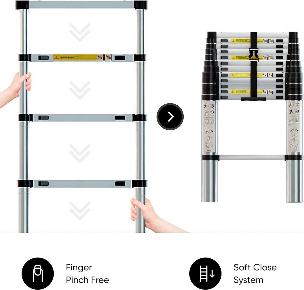 Alt view image 6 of 7 - Folding Telescoping Ladder 12.5 FT, Aluminum Extendable Ladder with 2 Detachable Hooks, Retractable Telescopic Extension Ladder for Indoor Or Outdoor, Lightweigh Collapsible Telescoping Ladders