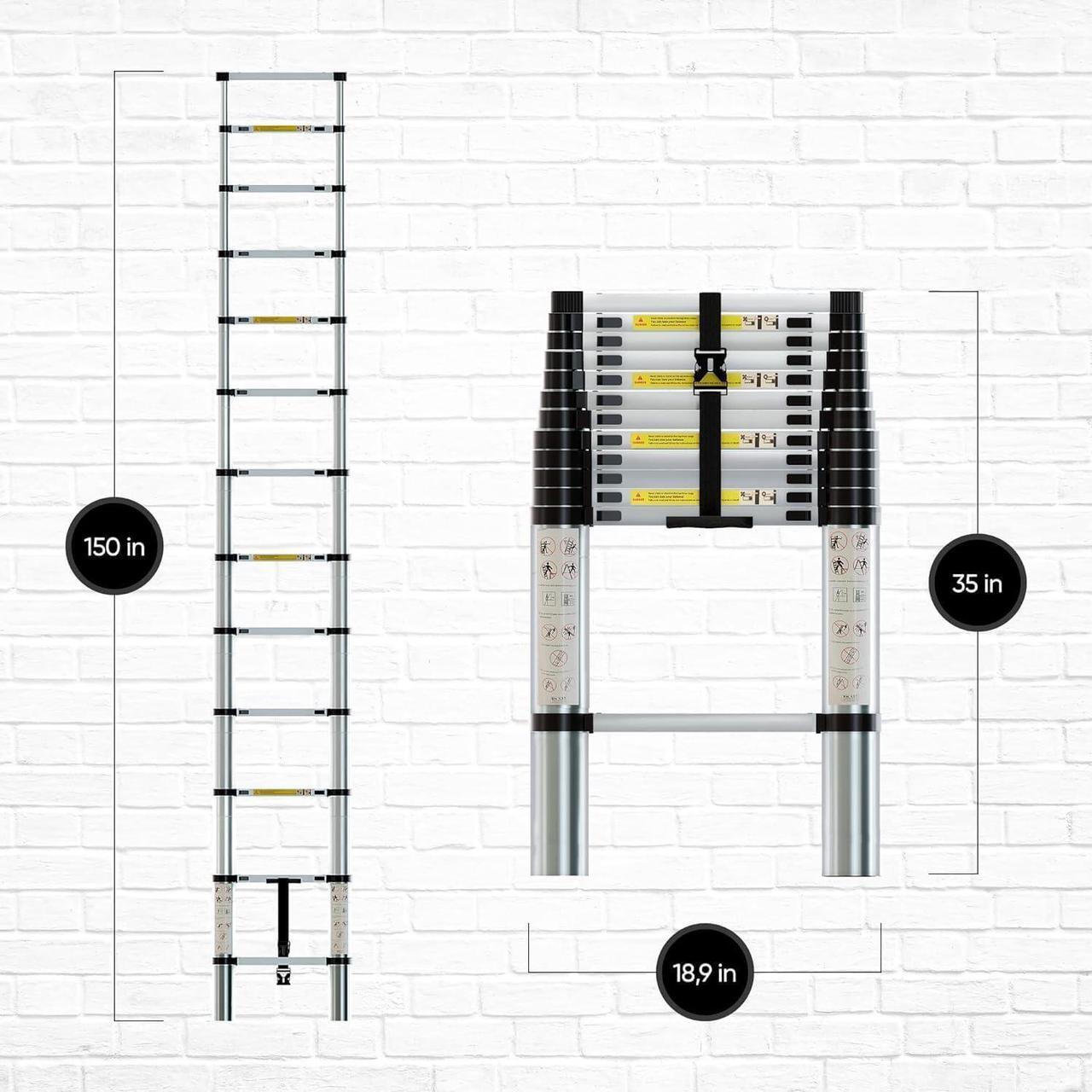Alt view image 7 of 7 - Folding Telescoping Ladder 12.5 FT, Aluminum Extendable Ladder with 2 Detachable Hooks, Retractable Telescopic Extension Ladder for Indoor Or Outdoor, Lightweigh Collapsible Telescoping Ladders