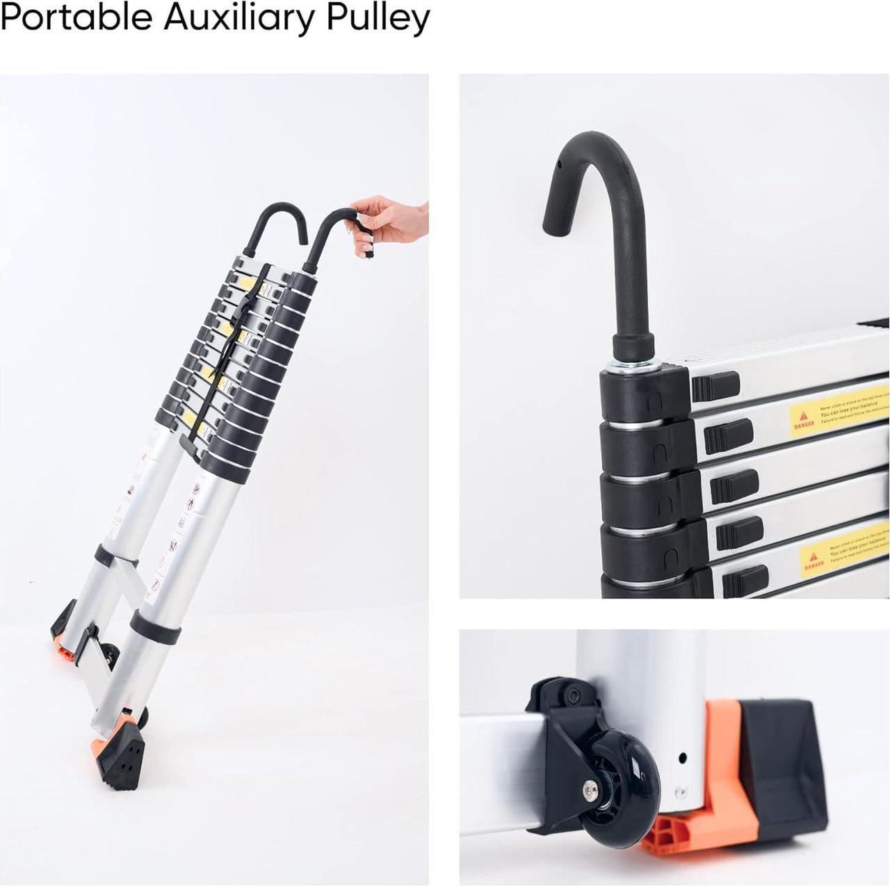 Alt view image 5 of 7 - Folding Telescoping Ladder 12.5 FT, Aluminum Extendable Ladder with 2 Detachable Hooks, Retractable Telescopic Extension Ladder for Indoor Or Outdoor, Lightweigh Collapsible Telescoping Ladders