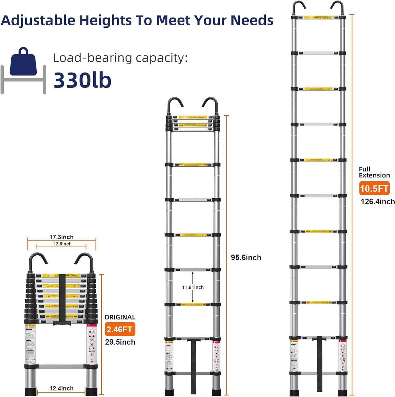 Alt view image 2 of 7 - 10.5ft Telescoping Ladder, Multi-Purpose Collapsible Ladder with Hook, Aluminum Extension Ladders for Home, Folding Telescoping Ladder for RV, Attic, Daily Use at Home, 330 lbs