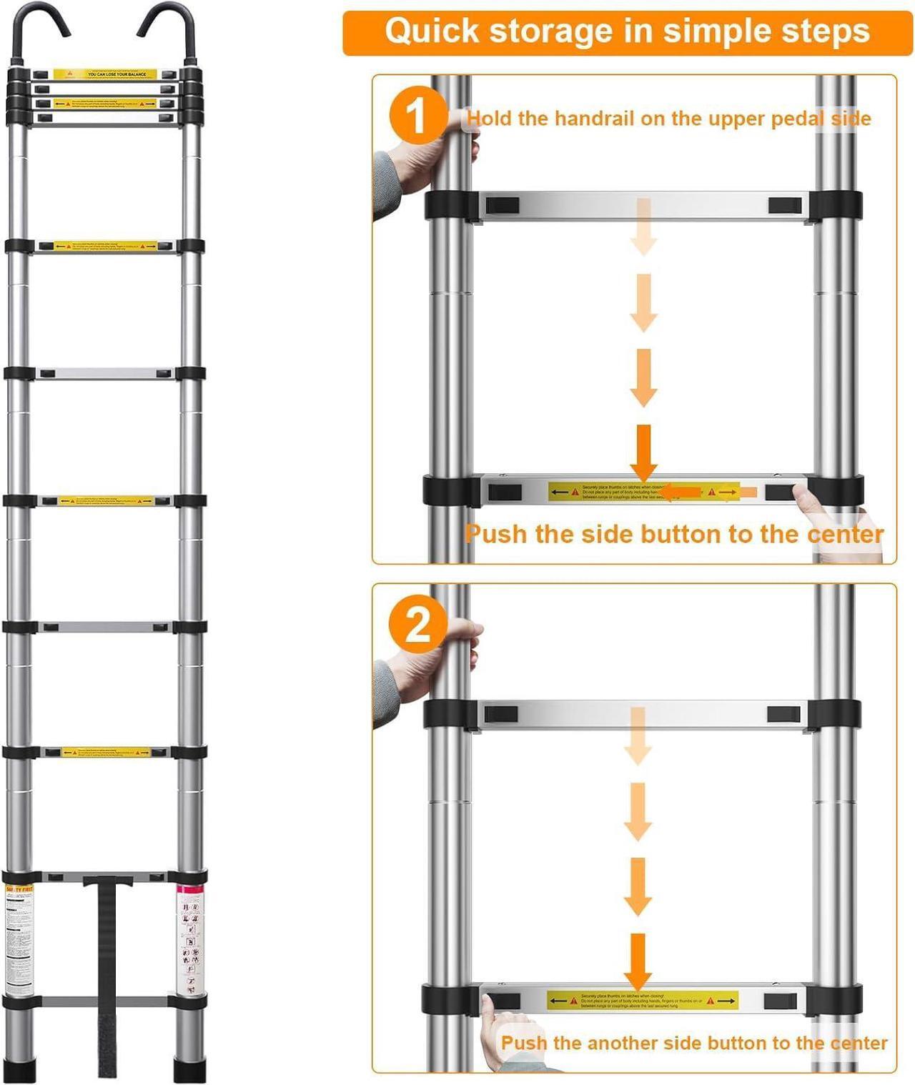 Alt view image 7 of 7 - 10.5ft Telescoping Ladder, Multi-Purpose Collapsible Ladder with Hook, Aluminum Extension Ladders for Home, Folding Telescoping Ladder for RV, Attic, Daily Use at Home, 330 lbs