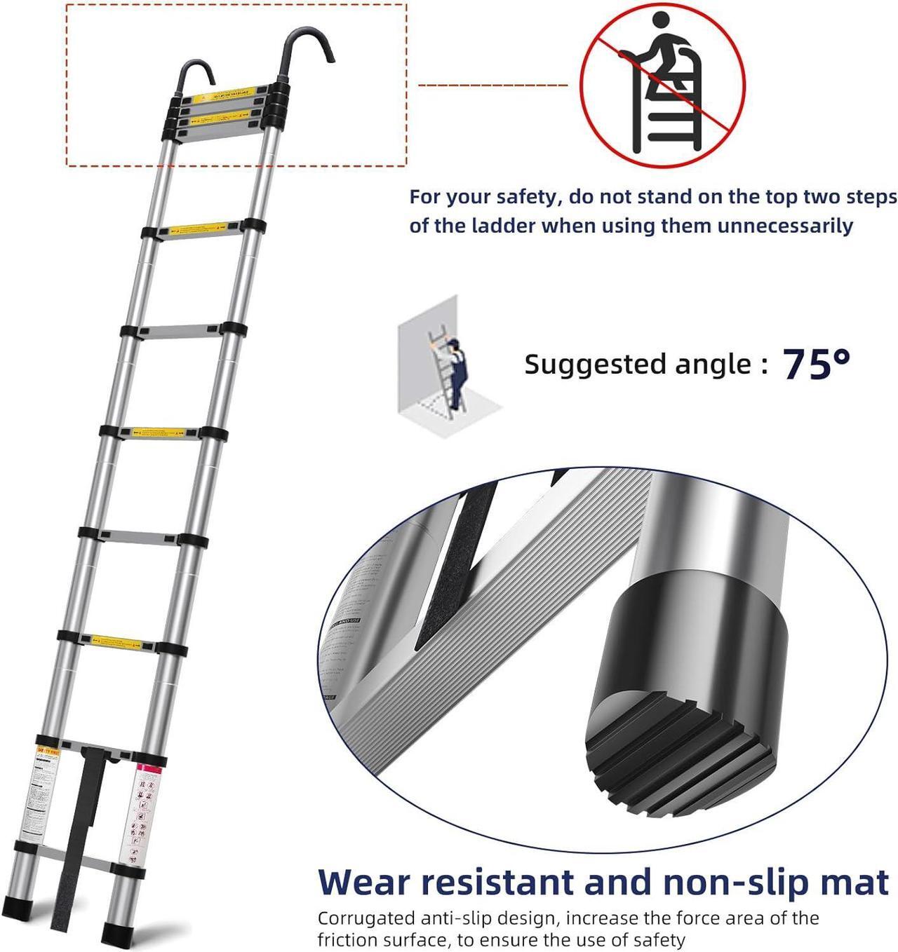 Alt view image 6 of 7 - 10.5ft Telescoping Ladder, Multi-Purpose Collapsible Ladder with Hook, Aluminum Extension Ladders for Home, Folding Telescoping Ladder for RV, Attic, Daily Use at Home, 330 lbs