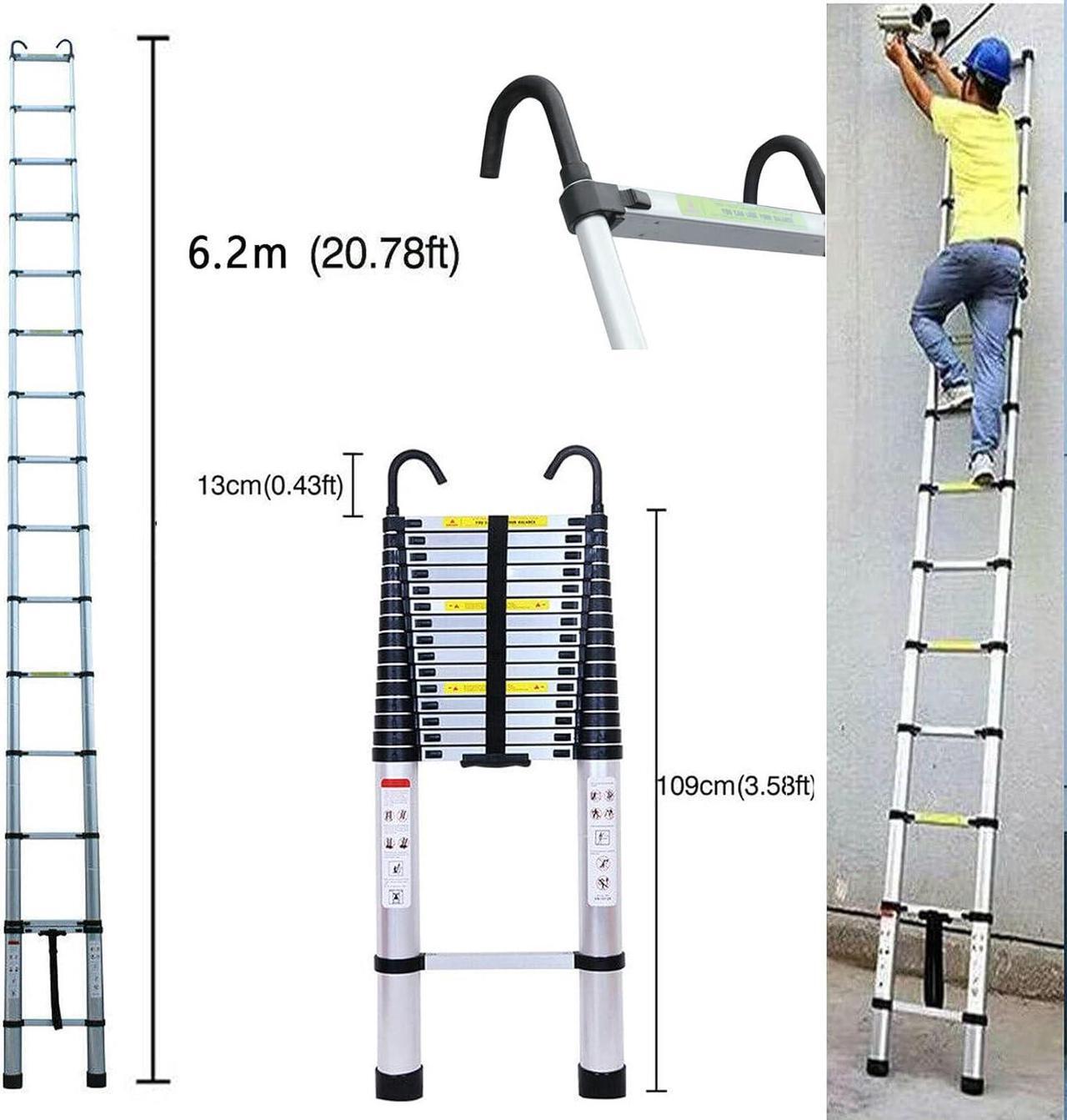Alt view image 3 of 6 - Telescoping Ladder 20FT Extension Ladder with 2 Detachable Hooks Aluminum Telescopic Ladder Collapsible Ladder Fully Extended 244" Multi-Purpose Ladders for Home Loft Roof Ceiling, 330 Lb Capacity