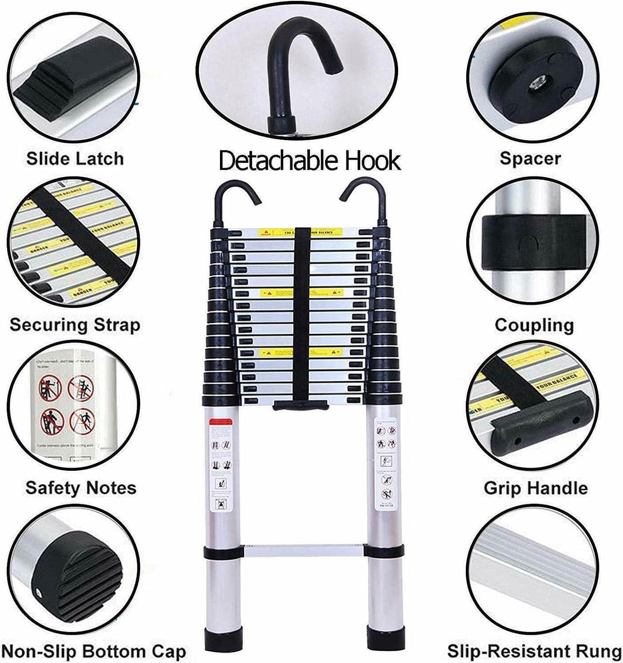 Alt view image 2 of 6 - Telescoping Ladder 20FT Extension Ladder with 2 Detachable Hooks Aluminum Telescopic Ladder Collapsible Ladder Fully Extended 244" Multi-Purpose Ladders for Home Loft Roof Ceiling, 330 Lb Capacity