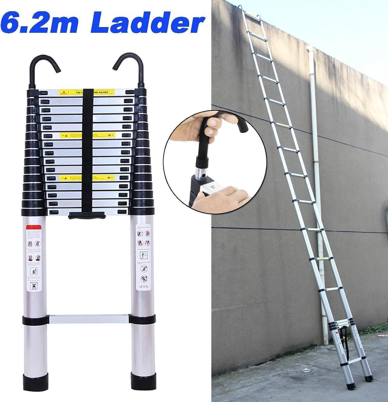 Alt view image 4 of 6 - Telescoping Ladder 20FT Extension Ladder with 2 Detachable Hooks Aluminum Telescopic Ladder Collapsible Ladder Fully Extended 244" Multi-Purpose Ladders for Home Loft Roof Ceiling, 330 Lb Capacity