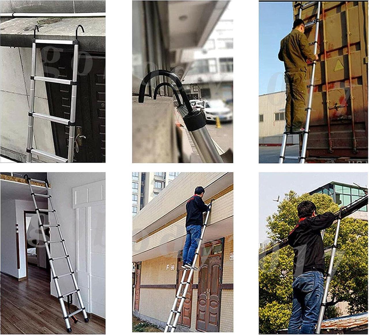 Alt view image 6 of 6 - Telescoping Ladder 20FT Extension Ladder with 2 Detachable Hooks Aluminum Telescopic Ladder Collapsible Ladder Fully Extended 244" Multi-Purpose Ladders for Home Loft Roof Ceiling, 330 Lb Capacity