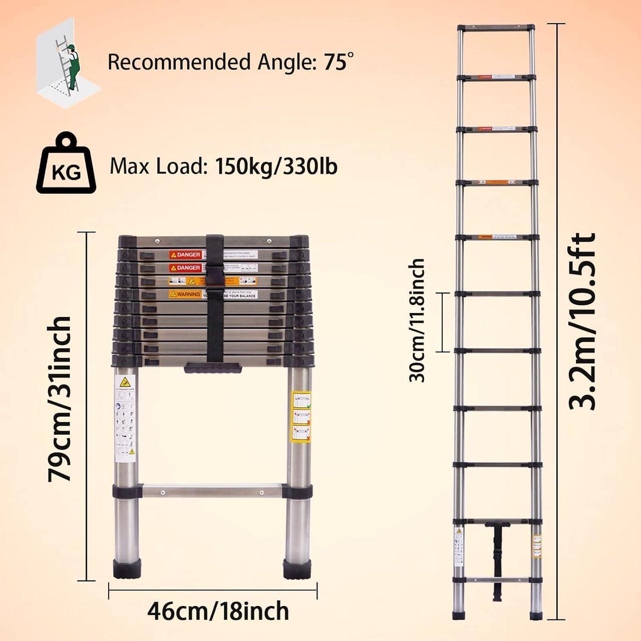Alt view image 2 of 7 - Newest Stainless Steel Telescoping Ladder 10.5FT Heavy Duty Telescopic Extension Ladder Portable Collapsible Ladder 330lb Max Load for Home Maintenance Window Cleaning Garden Work Access Attic Loft