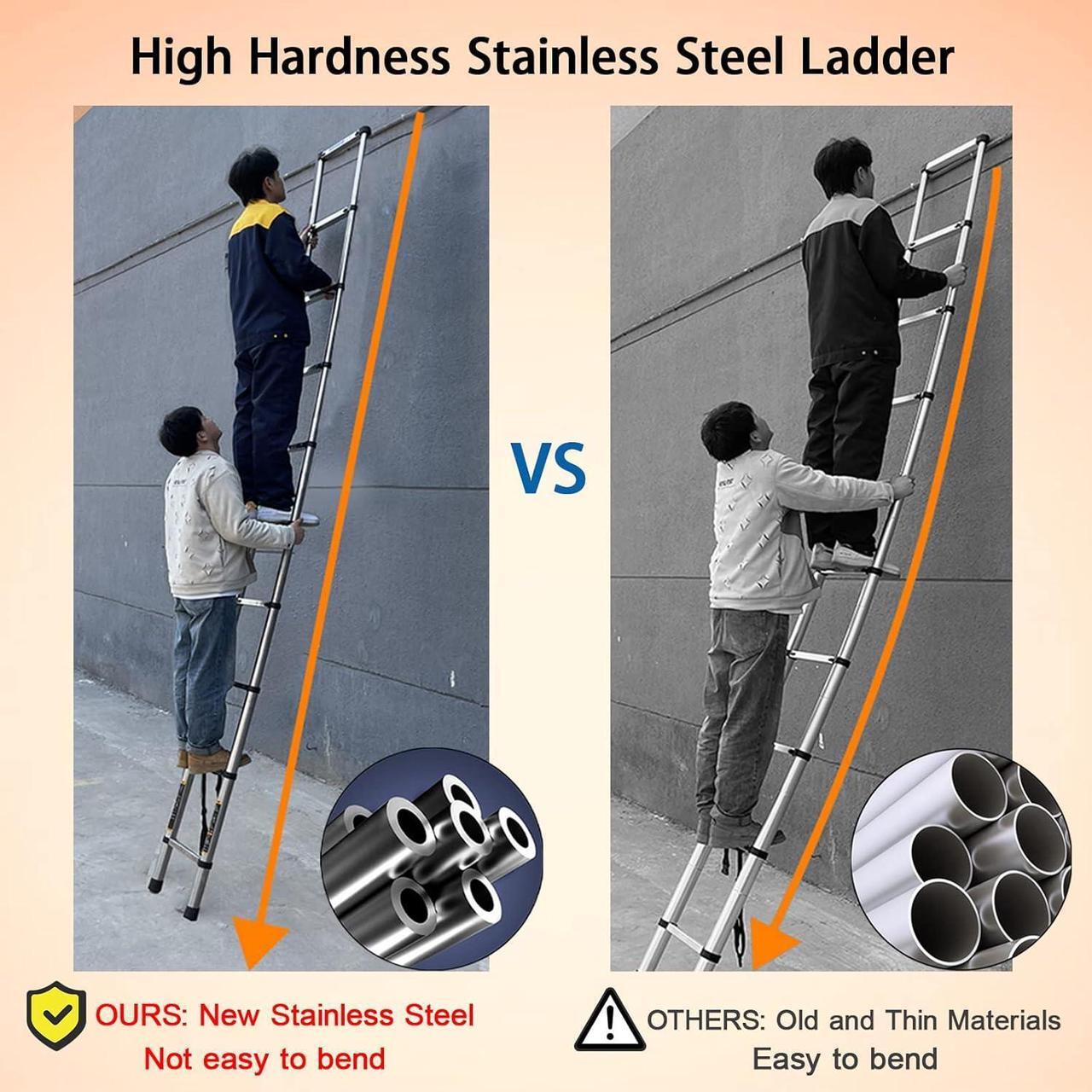 Alt view image 4 of 7 - Newest Stainless Steel Telescoping Ladder 10.5FT Heavy Duty Telescopic Extension Ladder Portable Collapsible Ladder 330lb Max Load for Home Maintenance Window Cleaning Garden Work Access Attic Loft