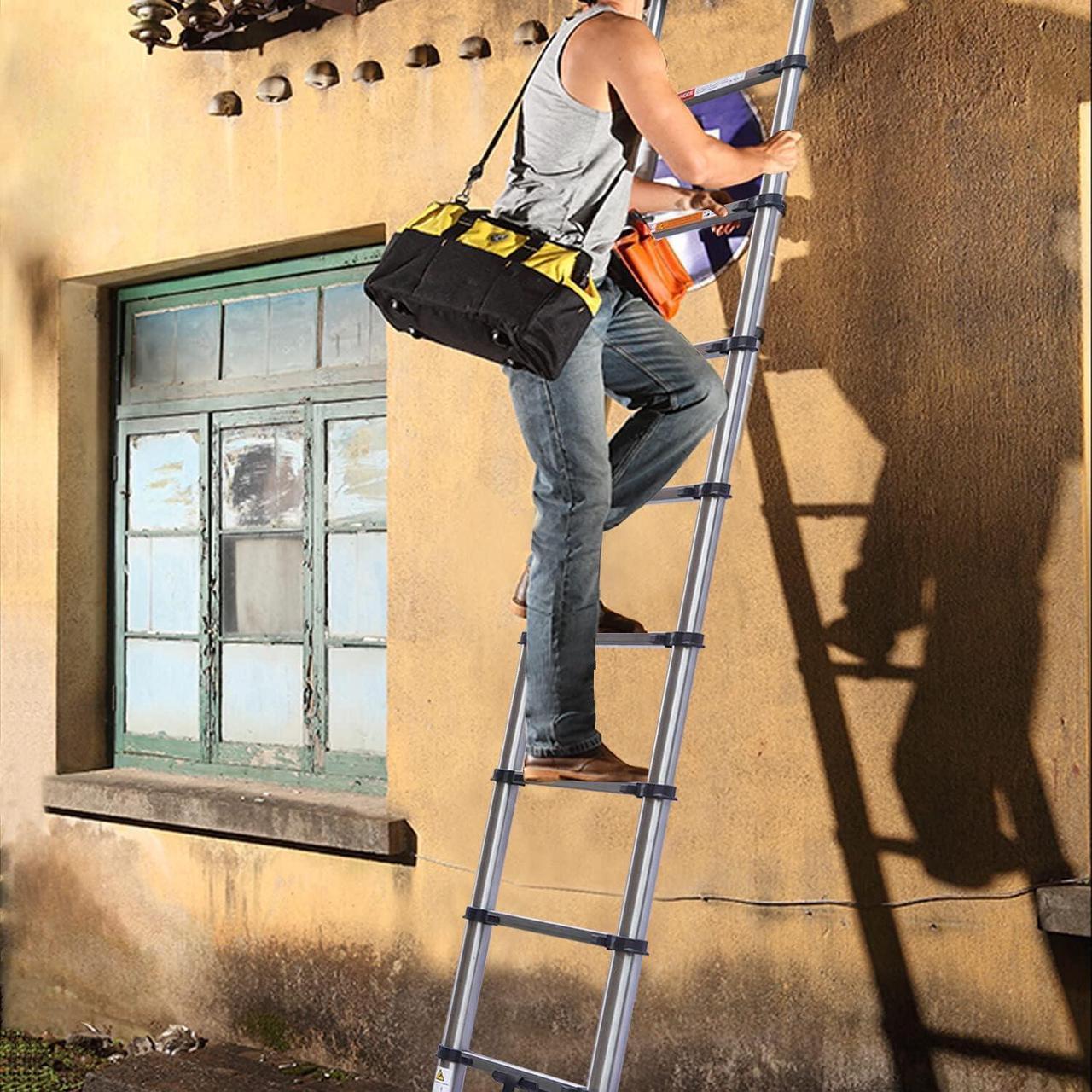 Alt view image 7 of 7 - Newest Stainless Steel Telescoping Ladder 10.5FT Heavy Duty Telescopic Extension Ladder Portable Collapsible Ladder 330lb Max Load for Home Maintenance Window Cleaning Garden Work Access Attic Loft
