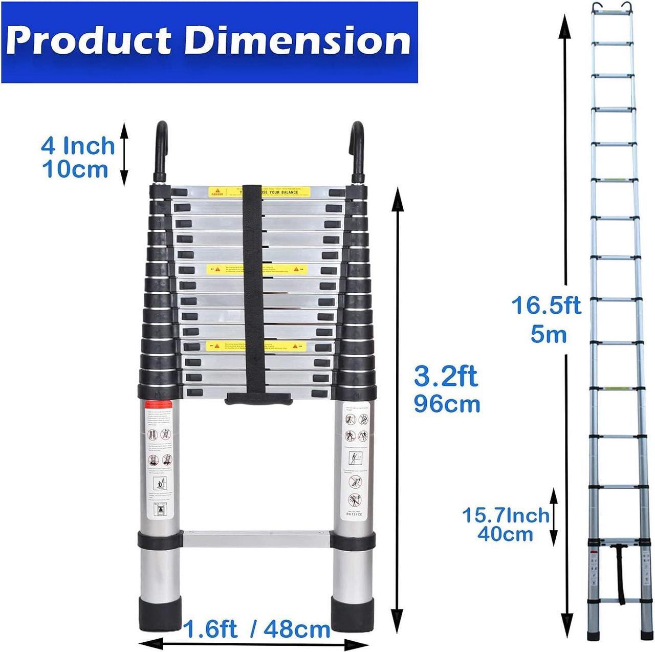 Alt view image 2 of 7 - 16.4FT Aluminum Telescoping Ladder with Detachable Hooks, Heavy Duty Folding Ladder Adjustable Height, 330lbs Load Capacity, EN131 Standard, Portable Extension Collapsible Ladder
