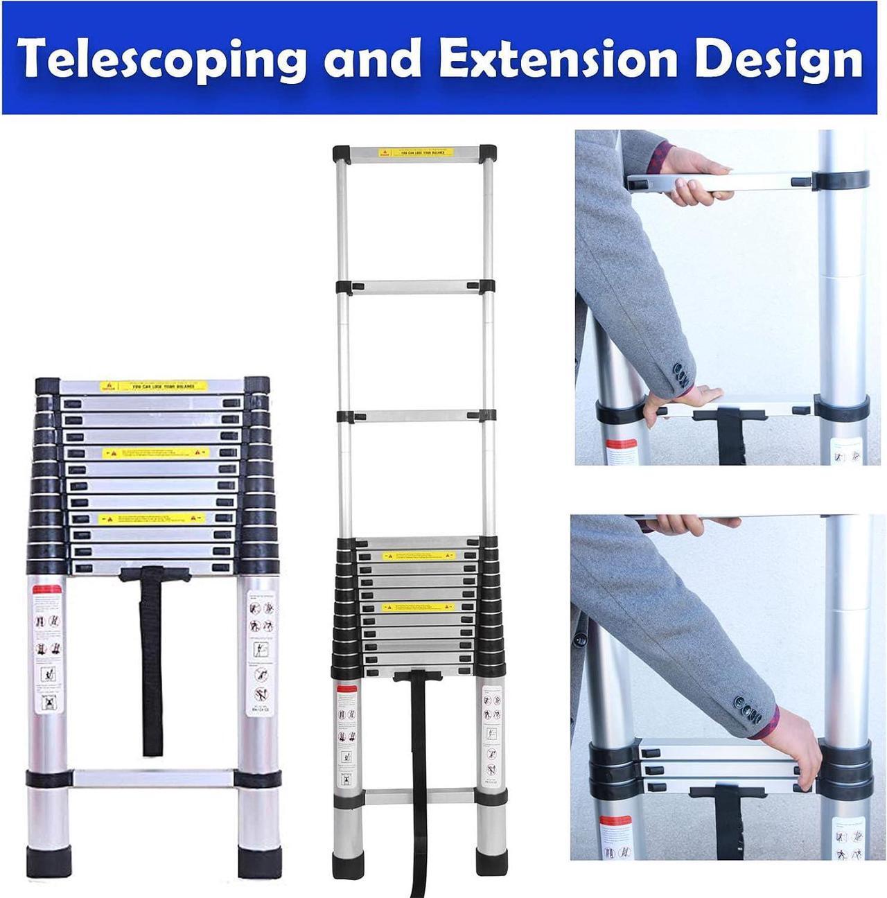 Alt view image 4 of 7 - 16.4FT Aluminum Telescoping Ladder with Detachable Hooks, Heavy Duty Folding Ladder Adjustable Height, 330lbs Load Capacity, EN131 Standard, Portable Extension Collapsible Ladder