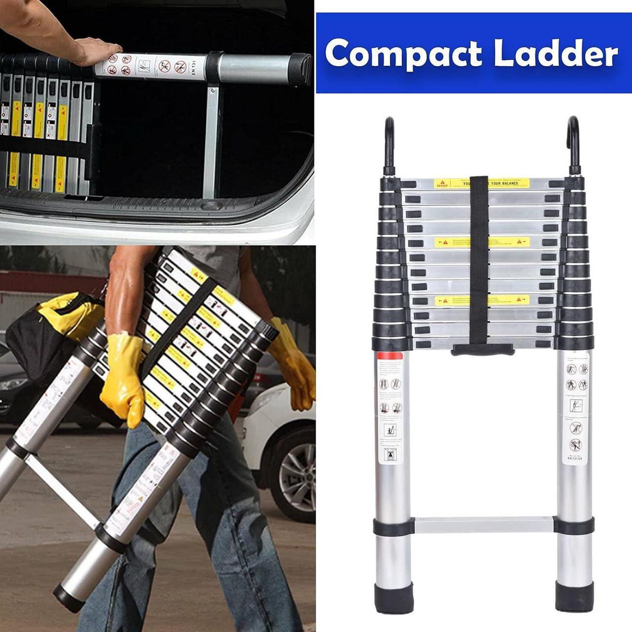Alt view image 7 of 7 - 16.4FT Aluminum Telescoping Ladder with Detachable Hooks, Heavy Duty Folding Ladder Adjustable Height, 330lbs Load Capacity, EN131 Standard, Portable Extension Collapsible Ladder