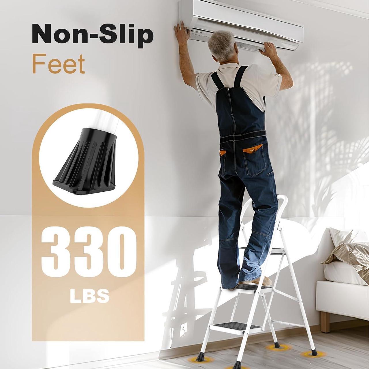 Alt view image 4 of 6 - HBTower 3 Step Ladder, 3 Step Stool for Adults, 3 Step Ladder Folding Step Stool with Cushioned Handle Step Ladder with Wide Anti-Slip Pedal Ergonomic Design