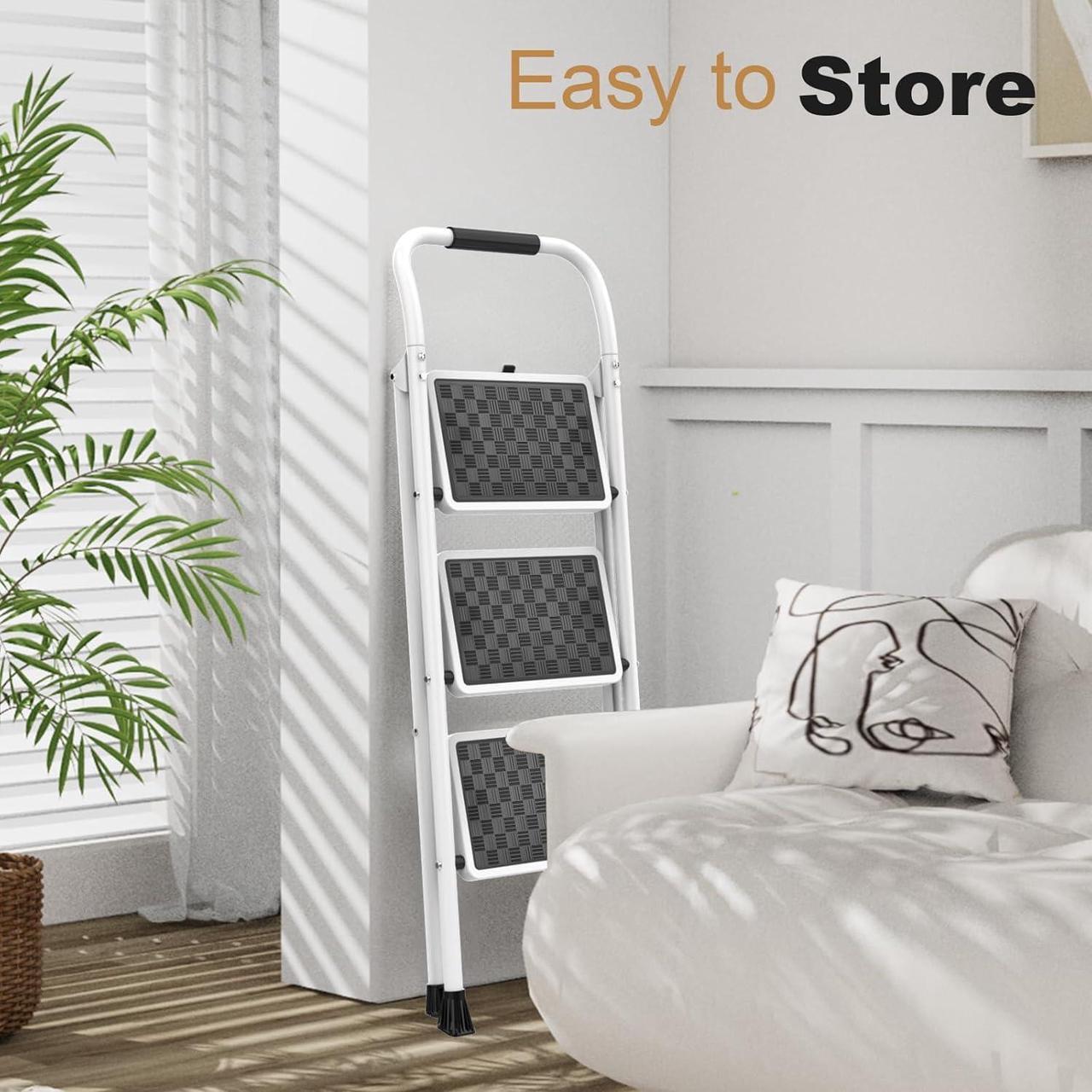 Alt view image 5 of 6 - HBTower 3 Step Ladder, 3 Step Stool for Adults, 3 Step Ladder Folding Step Stool with Cushioned Handle Step Ladder with Wide Anti-Slip Pedal Ergonomic Design