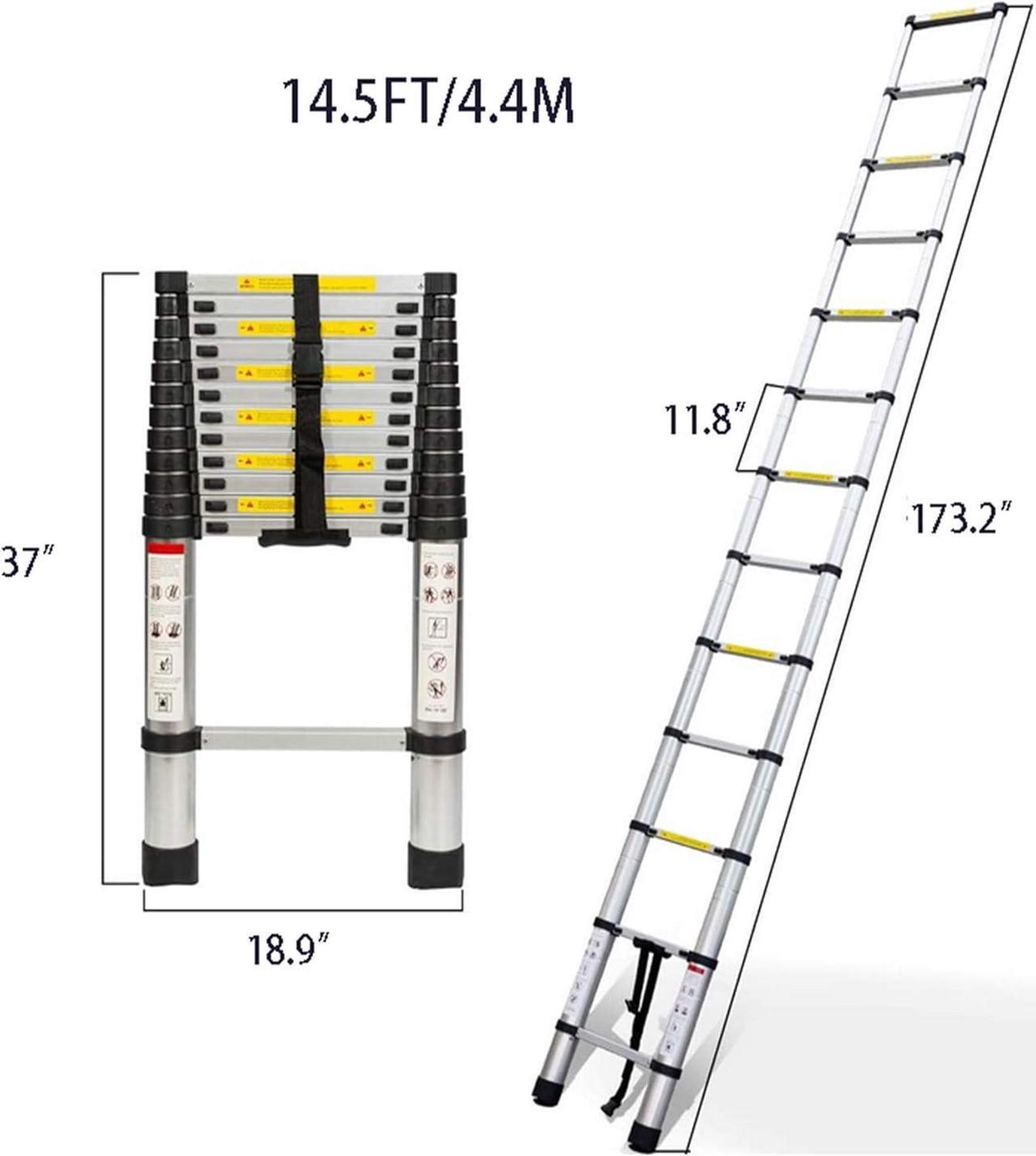 Alt view image 3 of 6 - Aluminum Telescopic Extension Ladder Collapsible Ladder, One-Button Retraction Extension Ladder,Multi-Use, 330 lbs Capacity,14.5FT / 4.4M