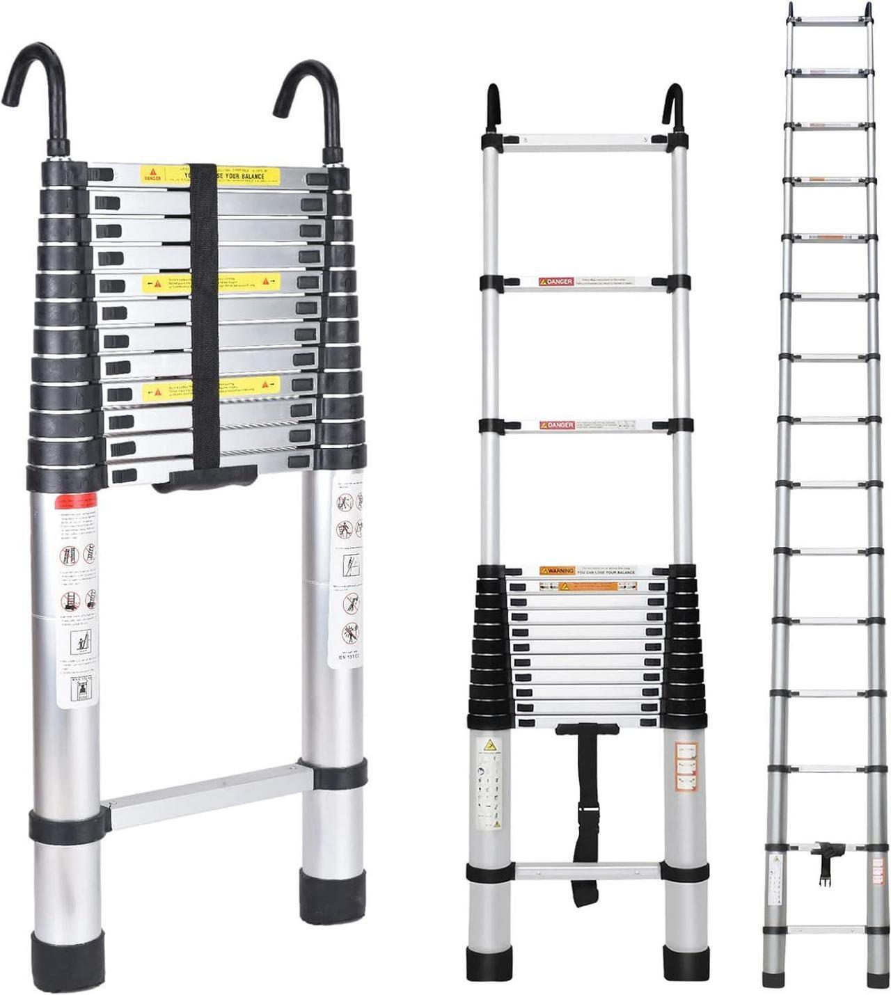 Main image of 16.4FT Aluminum Telescoping Ladder with Detachable Hooks, Heavy Duty Folding Ladder Adjustable Height, 330lbs Load Capacity, EN131 Standard, Portable Extension Collapsible Ladder