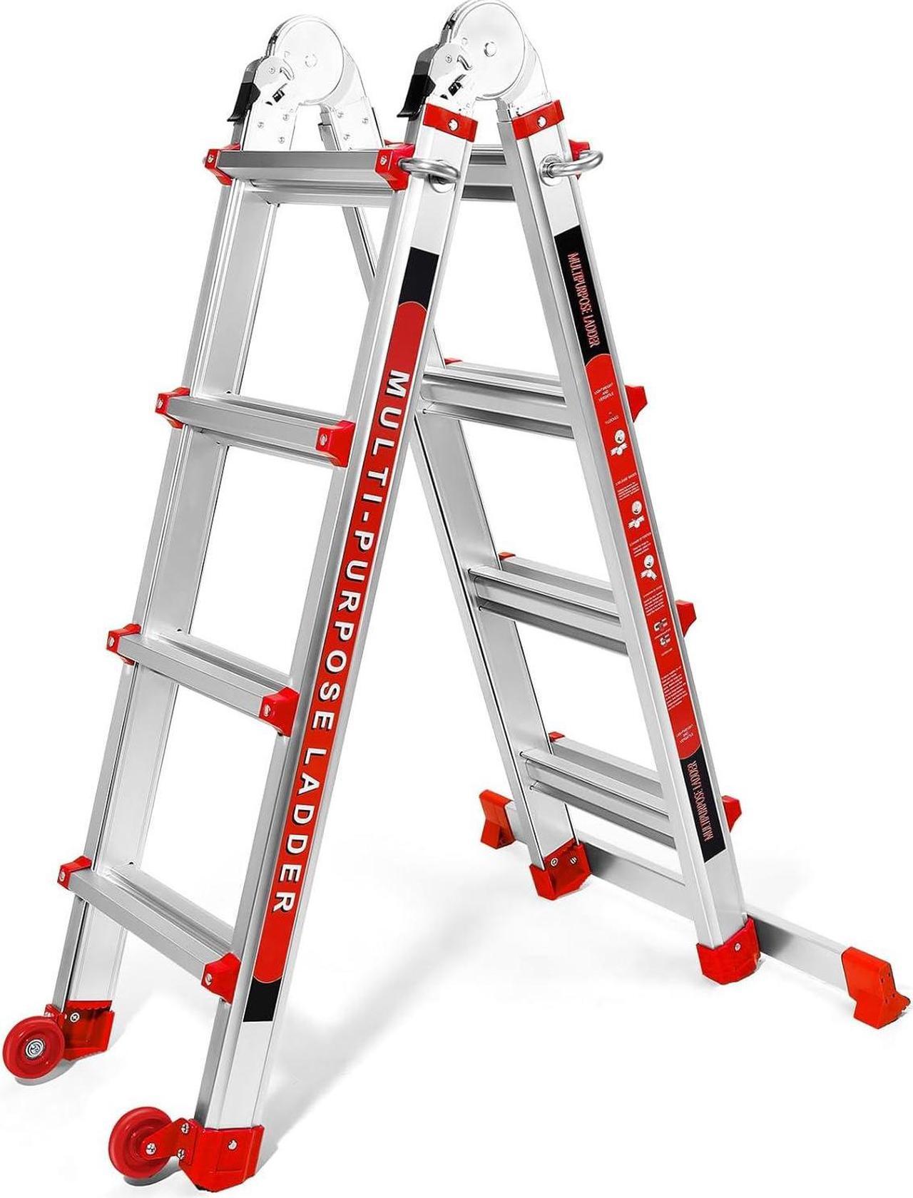 Main image of Ladder 14FT, A Frame 4 Step Telescoping Ladder with Stabilizer Bar & Wheels, Heavy Duty 330lbs Max Capacity,Collapsible Multi Position Ladder for Home, Rv, Outdoor-Red