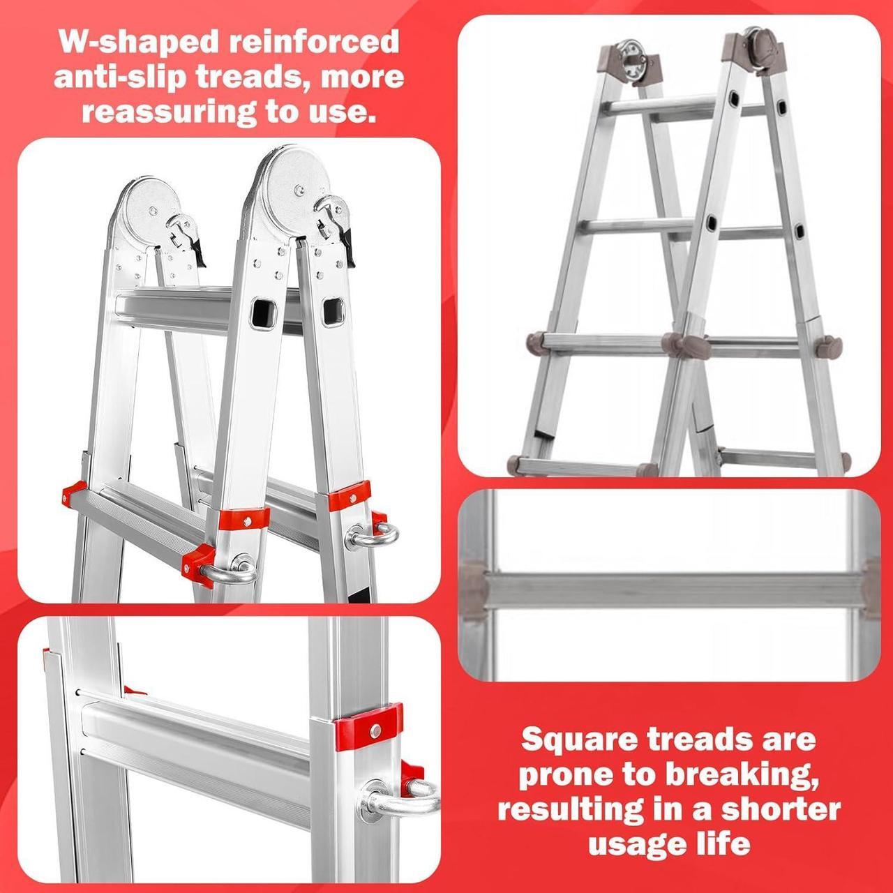 Alt view image 3 of 7 - Ladder 14FT, A Frame 4 Step Telescoping Ladder with Stabilizer Bar & Wheels, Heavy Duty 330lbs Max Capacity,Collapsible Multi Position Ladder for Home, Rv, Outdoor-Red