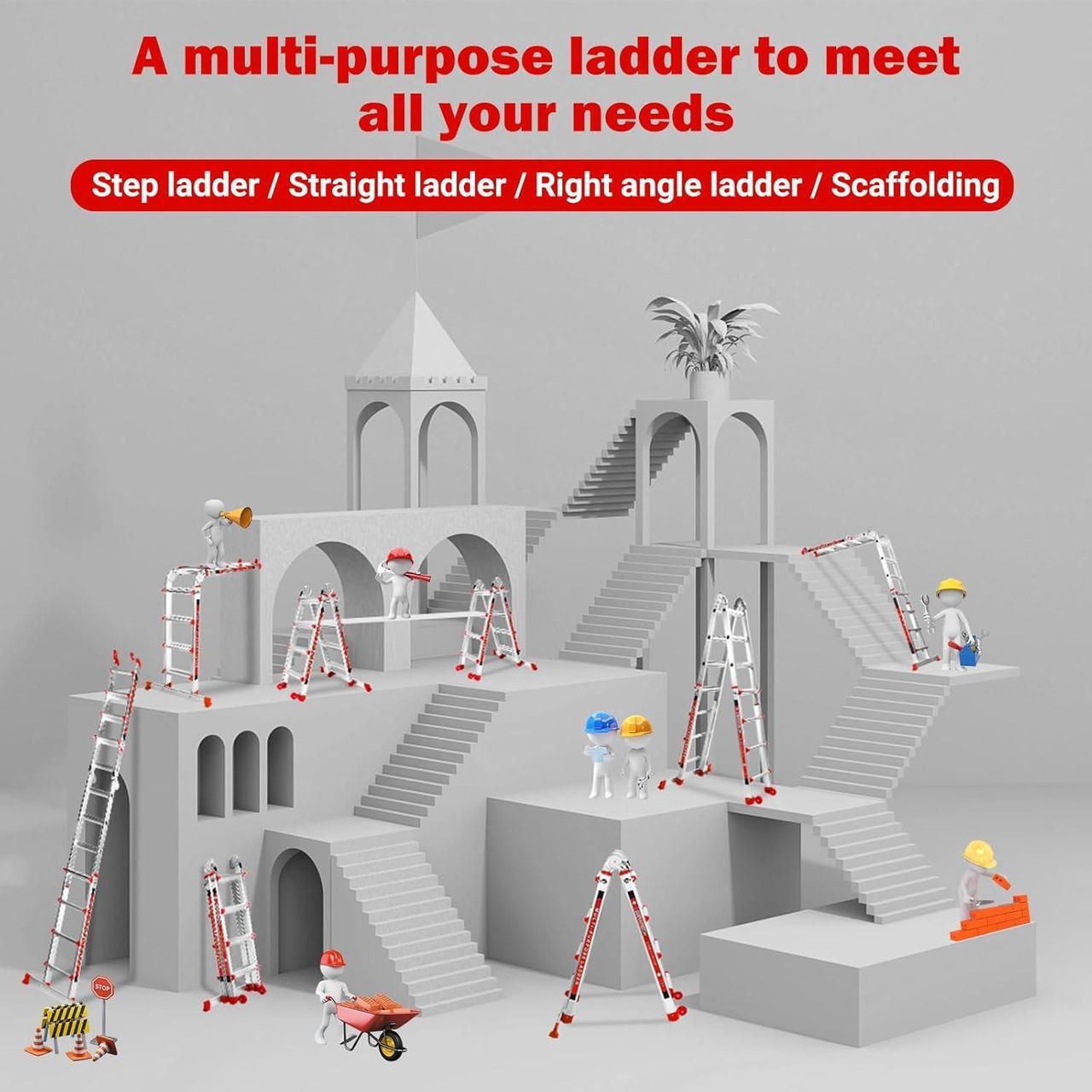 Alt view image 5 of 7 - Ladder 14FT, A Frame 4 Step Telescoping Ladder with Stabilizer Bar & Wheels, Heavy Duty 330lbs Max Capacity,Collapsible Multi Position Ladder for Home, Rv, Outdoor-Red