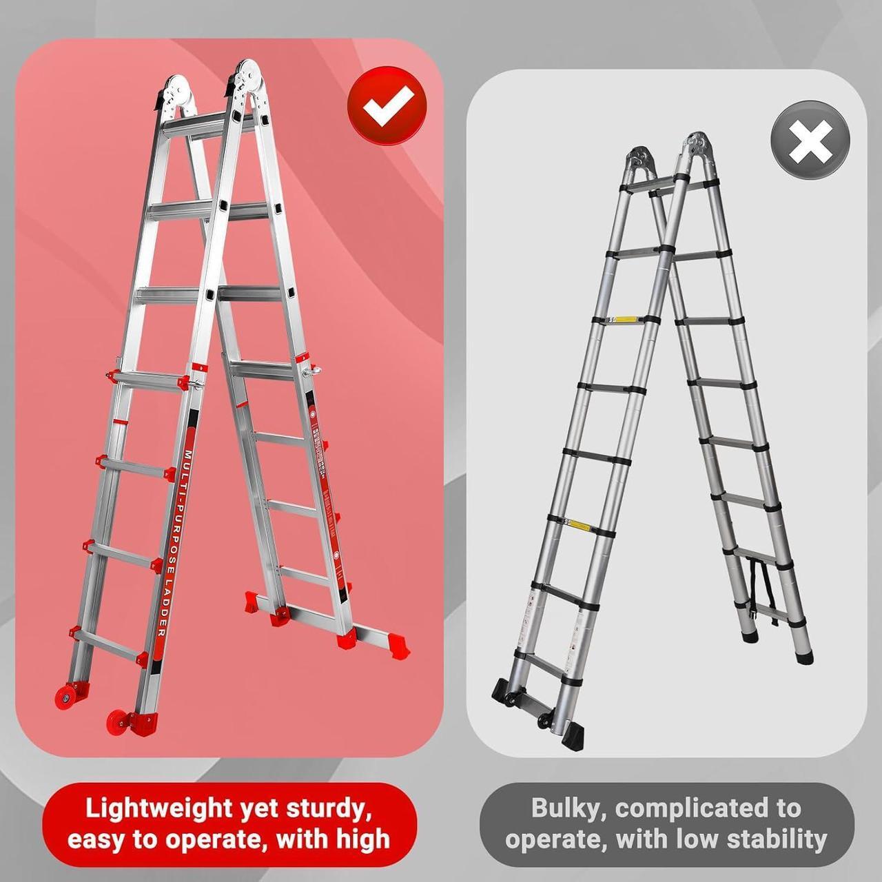 Alt view image 6 of 7 - Ladder 14FT, A Frame 4 Step Telescoping Ladder with Stabilizer Bar & Wheels, Heavy Duty 330lbs Max Capacity,Collapsible Multi Position Ladder for Home, Rv, Outdoor-Red