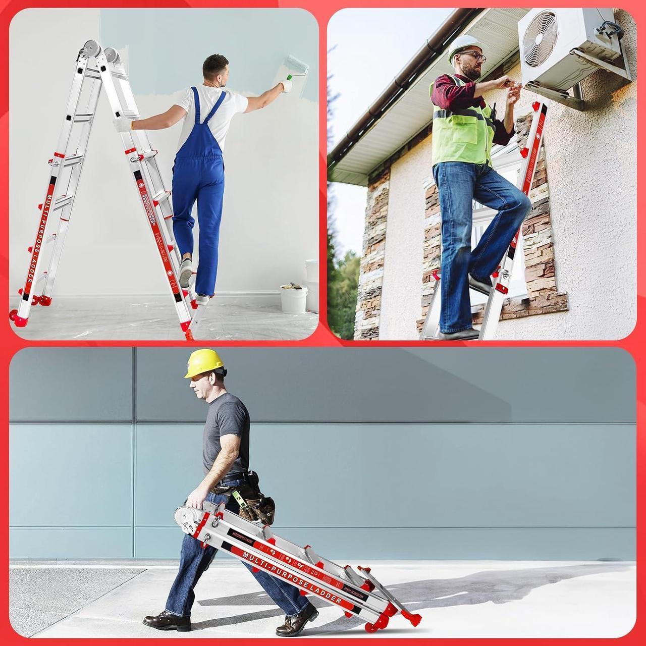 Alt view image 7 of 7 - Ladder 14FT, A Frame 4 Step Telescoping Ladder with Stabilizer Bar & Wheels, Heavy Duty 330lbs Max Capacity,Collapsible Multi Position Ladder for Home, Rv, Outdoor-Red