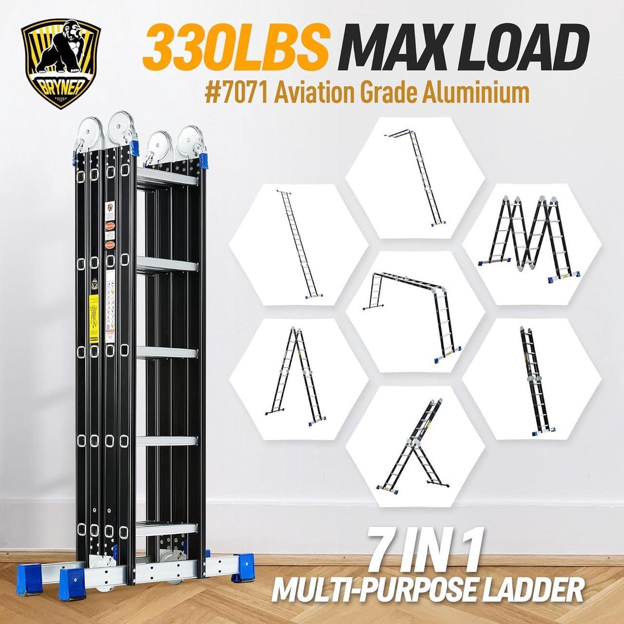 Alt view image 2 of 6 - Step Ladder, Bryner 19.6ft 7 in 1 Folding Ladder Multi-Purpose Aluminium Extension Ladder Adjustable Telescoping Foldable Ladders 330lbs