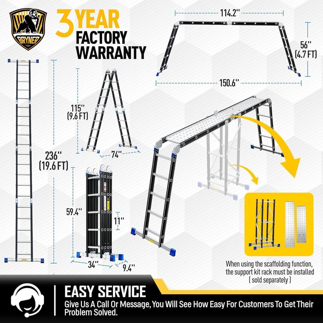 Alt view image 6 of 6 - Step Ladder, Bryner 19.6ft 7 in 1 Folding Ladder Multi-Purpose Aluminium Extension Ladder Adjustable Telescoping Foldable Ladders 330lbs
