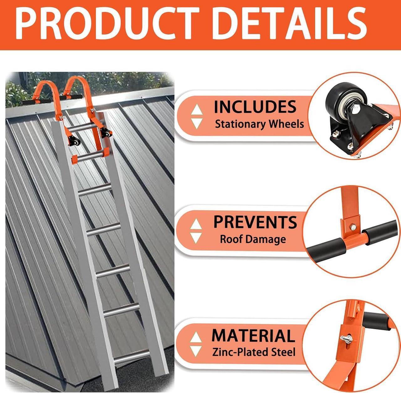 Alt view image 4 of 7 - Ladder Roof Hook Heavy Duty, Extension Ladder Stabilizer Roof Ridge Extension with Wheel Rubber Grip T-Bar, 500 lbs Weight Capacity, Fast and Easy Setup to Access Steep Roofs