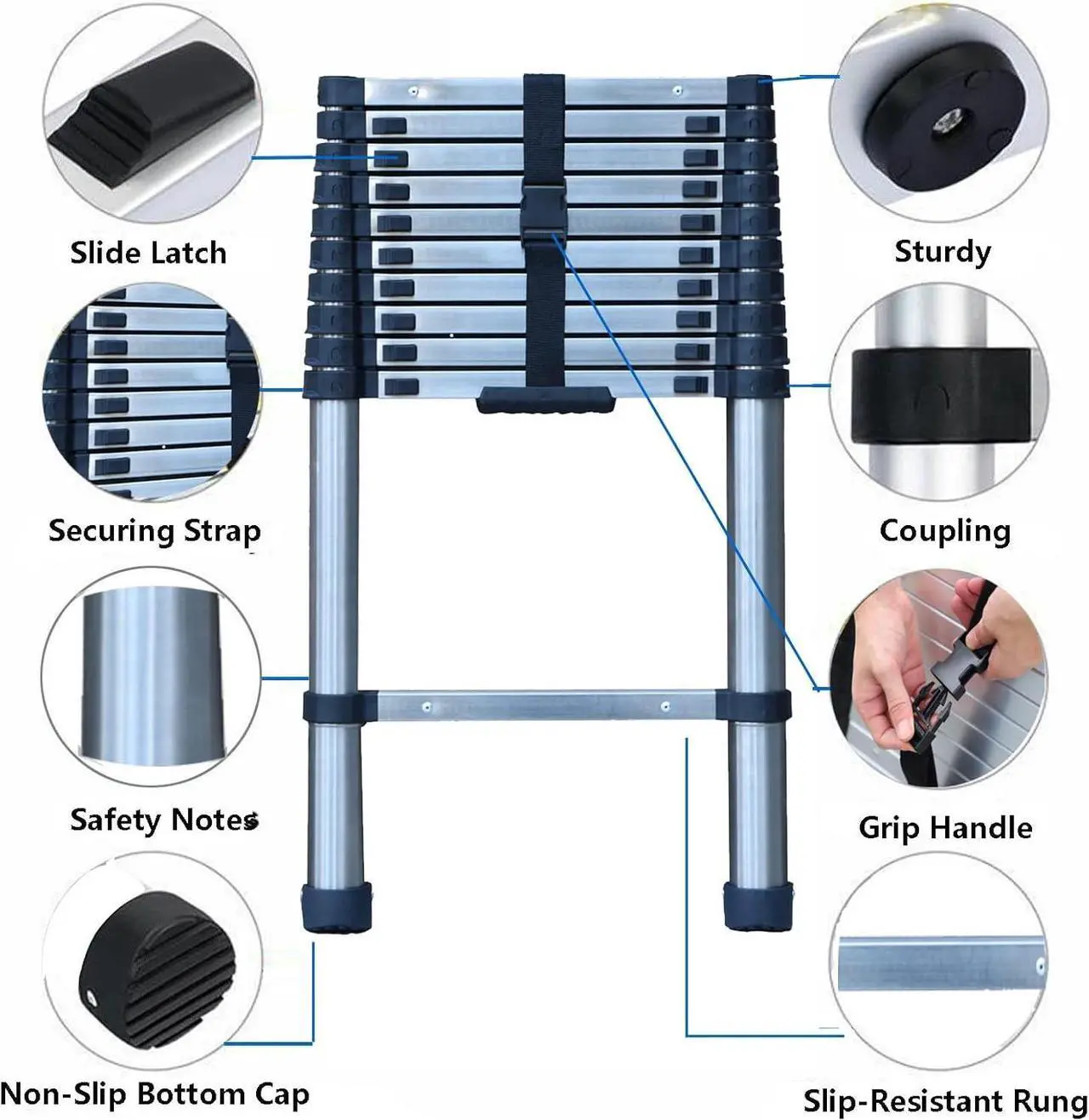 Alt view image 2 of 7 - Telescoping Ladder, 10 FT Stainless Steel Extension Ladder for Home, Collapsible Ladders 330 Lb Max Capacity, Multi-Purpose Telescopic Ladder for Roof Ceiling, Household Daily, EN131 Certificated