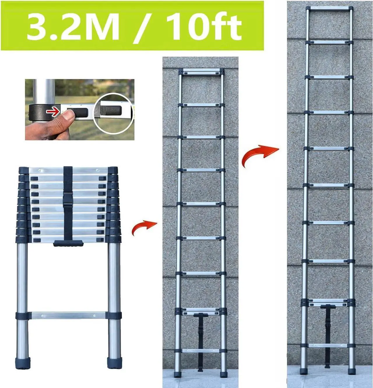 Alt view image 3 of 7 - Telescoping Ladder, 10 FT Stainless Steel Extension Ladder for Home, Collapsible Ladders 330 Lb Max Capacity, Multi-Purpose Telescopic Ladder for Roof Ceiling, Household Daily, EN131 Certificated