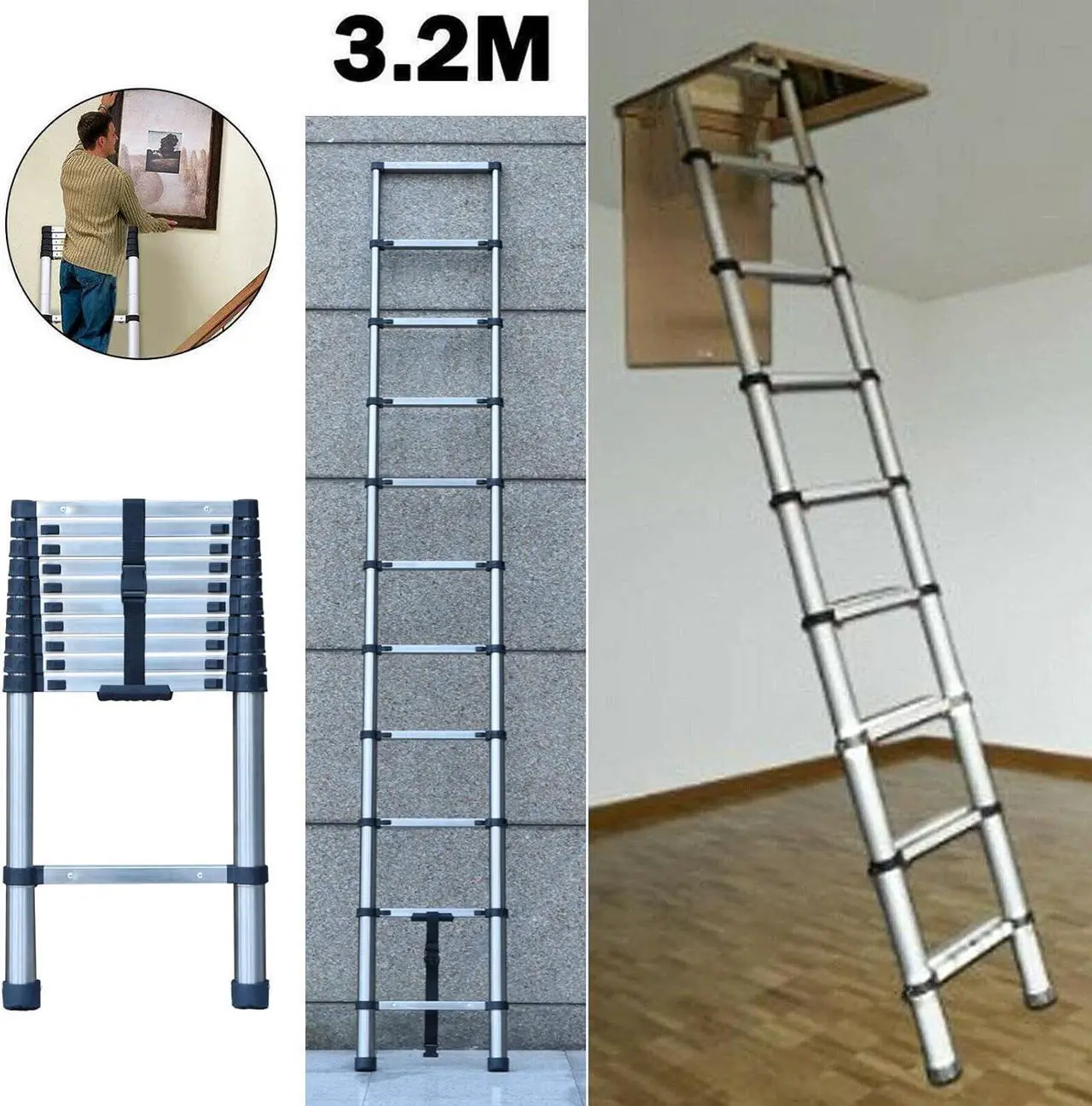 Alt view image 4 of 7 - Telescoping Ladder, 10 FT Stainless Steel Extension Ladder for Home, Collapsible Ladders 330 Lb Max Capacity, Multi-Purpose Telescopic Ladder for Roof Ceiling, Household Daily, EN131 Certificated