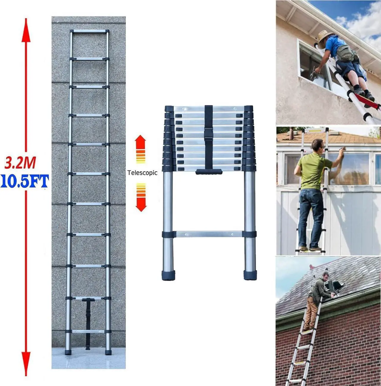 Alt view image 7 of 7 - Telescoping Ladder, 10 FT Stainless Steel Extension Ladder for Home, Collapsible Ladders 330 Lb Max Capacity, Multi-Purpose Telescopic Ladder for Roof Ceiling, Household Daily, EN131 Certificated
