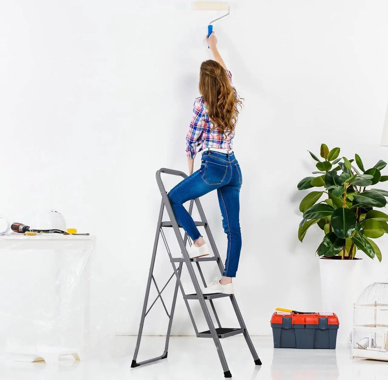Alt view image 2 of 7 - F2C 4 Step Ladder, Folding Step Stool with Wide Anti-Slip Pedals & Handgrip, Portable Lightweight Ladder Anti-Slip Pedal for Home, Kitchen, Office, Sturdy Temporary Storage Shelf Rack