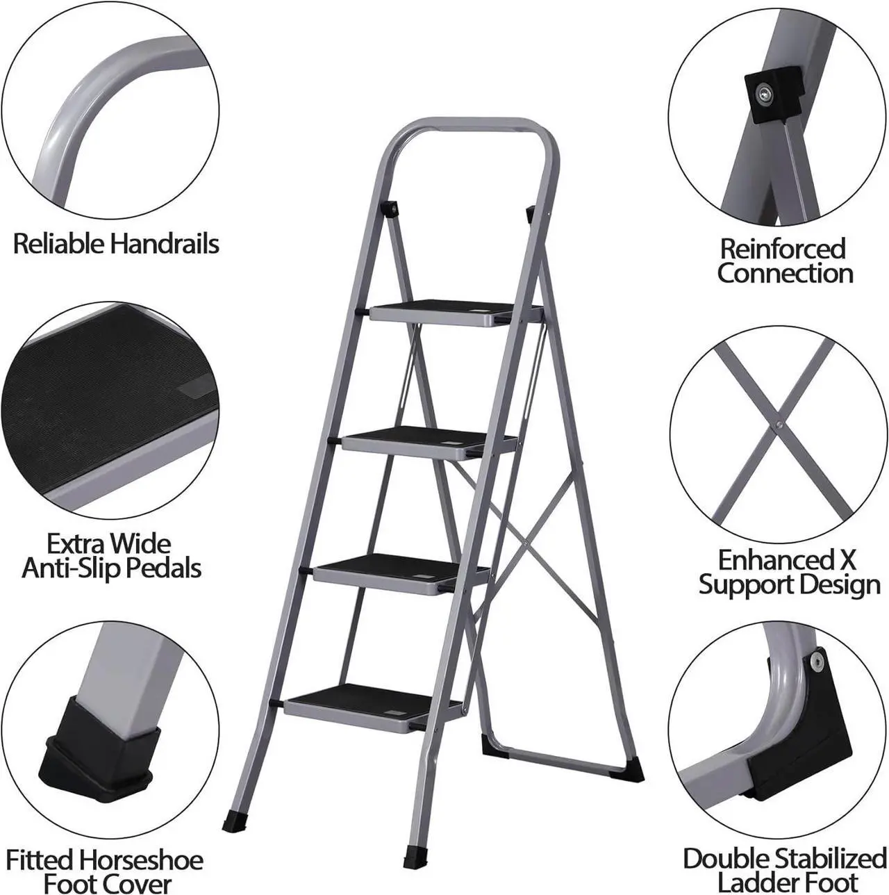 Alt view image 3 of 7 - F2C 4 Step Ladder, Folding Step Stool with Wide Anti-Slip Pedals & Handgrip, Portable Lightweight Ladder Anti-Slip Pedal for Home, Kitchen, Office, Sturdy Temporary Storage Shelf Rack