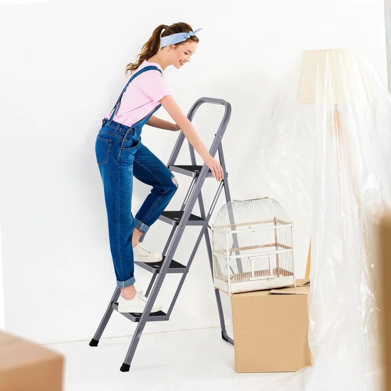 Alt view image 7 of 7 - F2C 4 Step Ladder, Folding Step Stool with Wide Anti-Slip Pedals & Handgrip, Portable Lightweight Ladder Anti-Slip Pedal for Home, Kitchen, Office, Sturdy Temporary Storage Shelf Rack