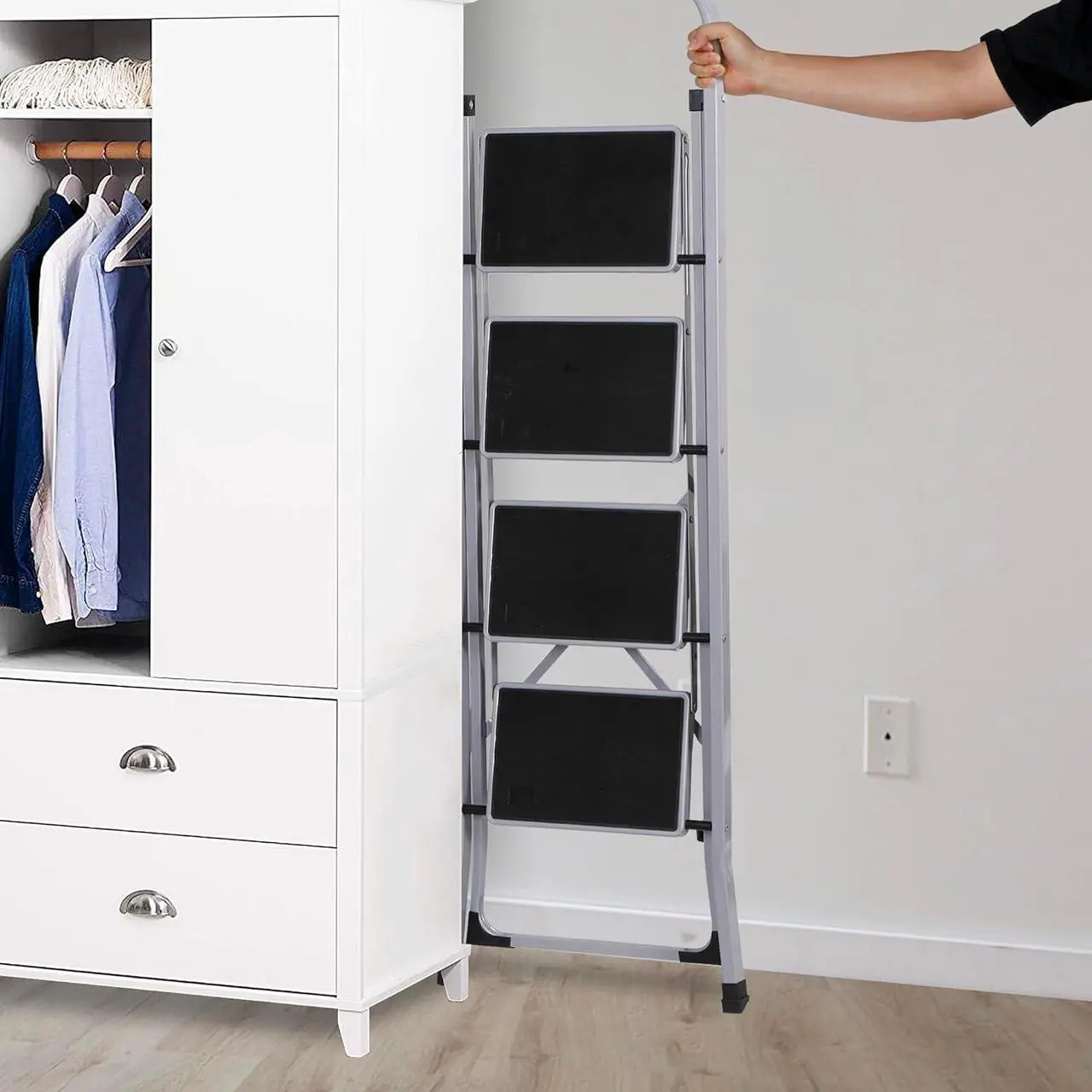 Alt view image 5 of 7 - F2C 4 Step Ladder, Folding Step Stool with Wide Anti-Slip Pedals & Handgrip, Portable Lightweight Ladder Anti-Slip Pedal for Home, Kitchen, Office, Sturdy Temporary Storage Shelf Rack