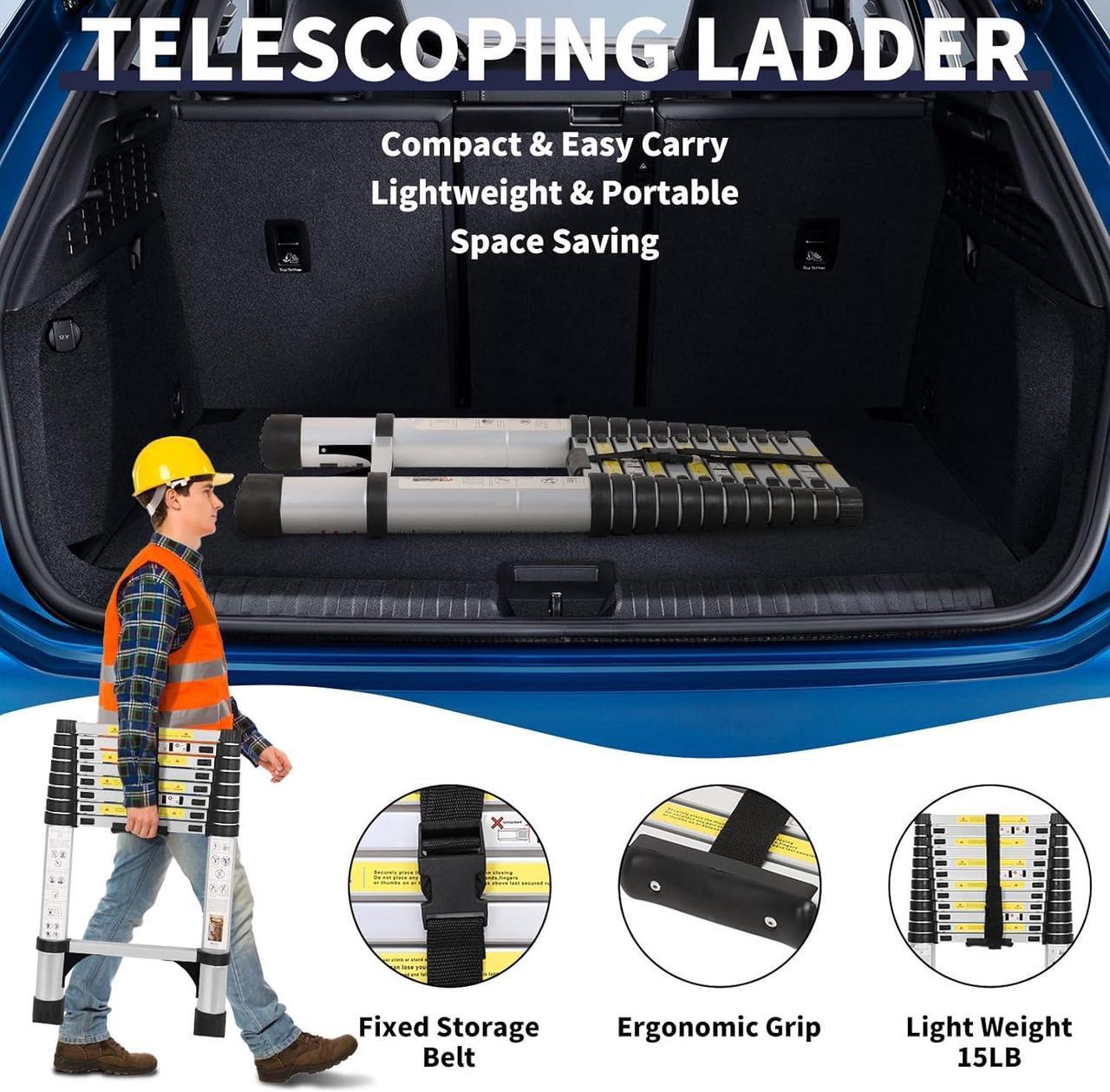 Alt view image 3 of 7 - 8.5FT Telescoping Ladder with Tool Tray, Extension Ladder Aluminum Folding Ladder Collapsible Ladder, Telescopic Ladders Foldable Extendable Ladder for Home Homeuse RV Attic Roof