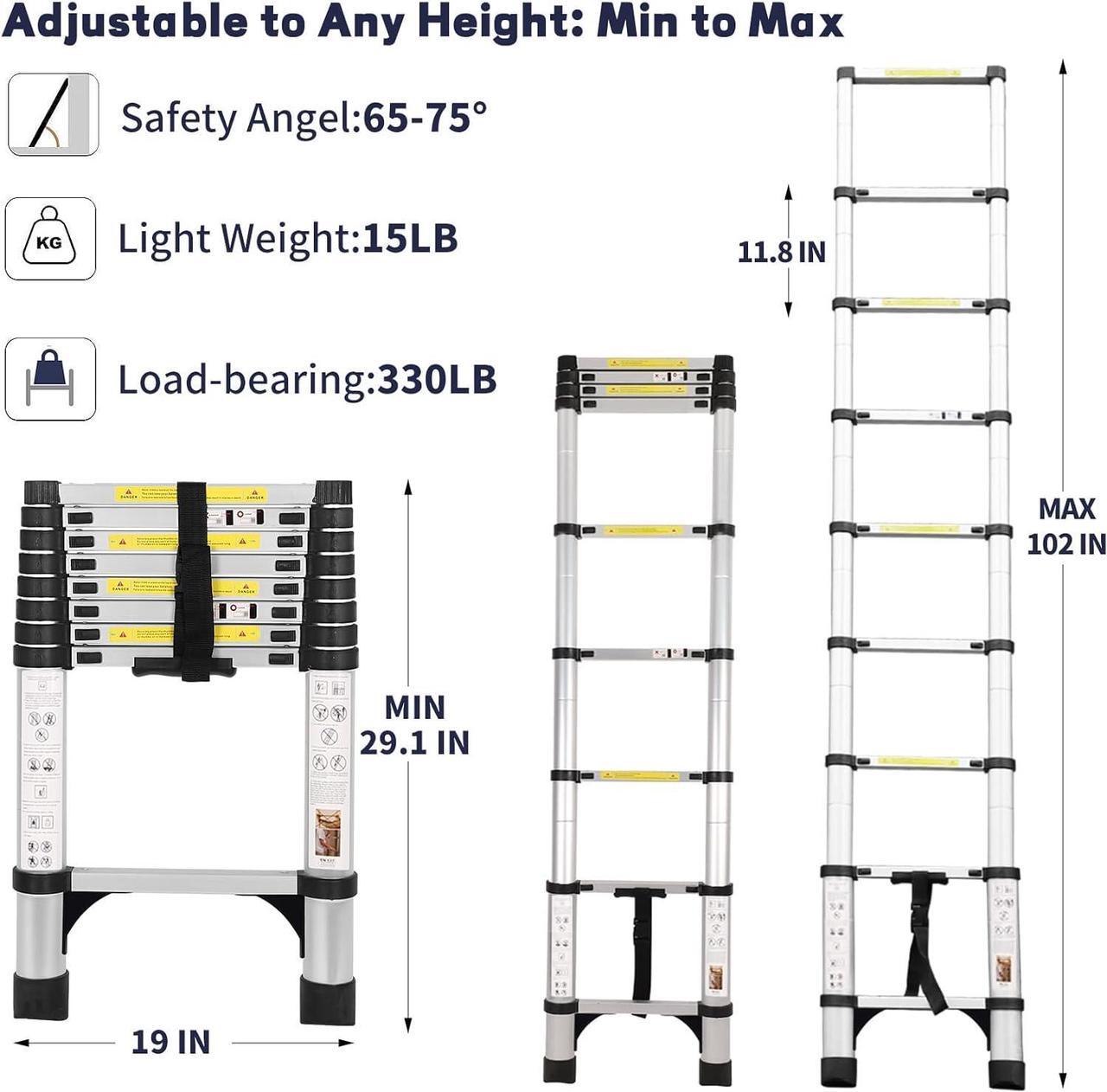 Alt view image 4 of 7 - 8.5FT Telescoping Ladder with Tool Tray, Extension Ladder Aluminum Folding Ladder Collapsible Ladder, Telescopic Ladders Foldable Extendable Ladder for Home Homeuse RV Attic Roof