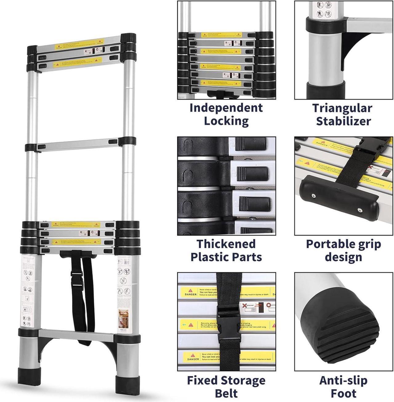 Alt view image 5 of 7 - 8.5FT Telescoping Ladder with Tool Tray, Extension Ladder Aluminum Folding Ladder Collapsible Ladder, Telescopic Ladders Foldable Extendable Ladder for Home Homeuse RV Attic Roof