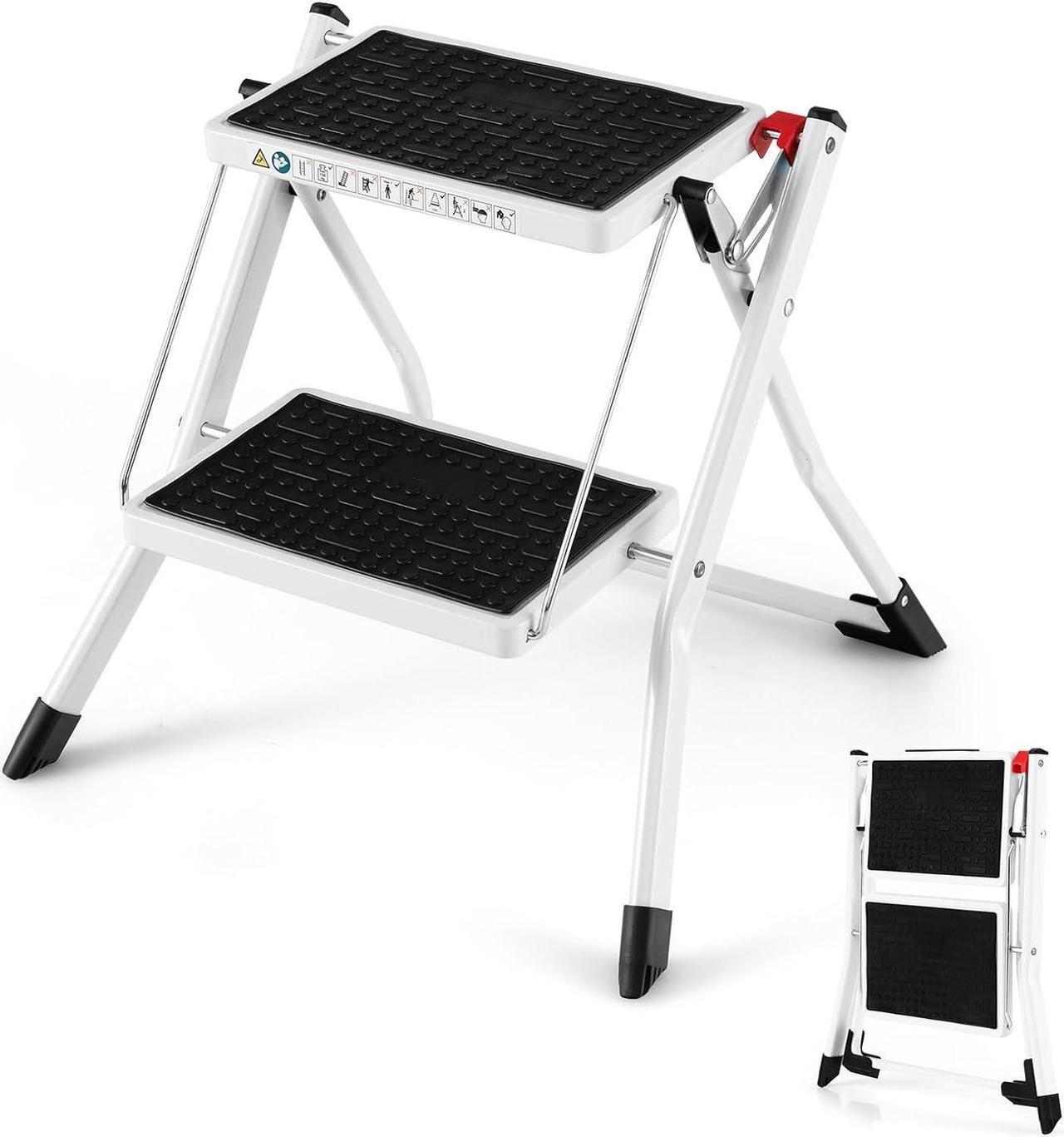 Main image of Goplus 2 Step Ladder, Lightweight Folding Step Stool with Anti-Slip Pedals, Non-Slip Foot Covers, Heavy Duty Metal Stepladder for Household, Kitchen, 330 LBS Weight Capacity, White & Black