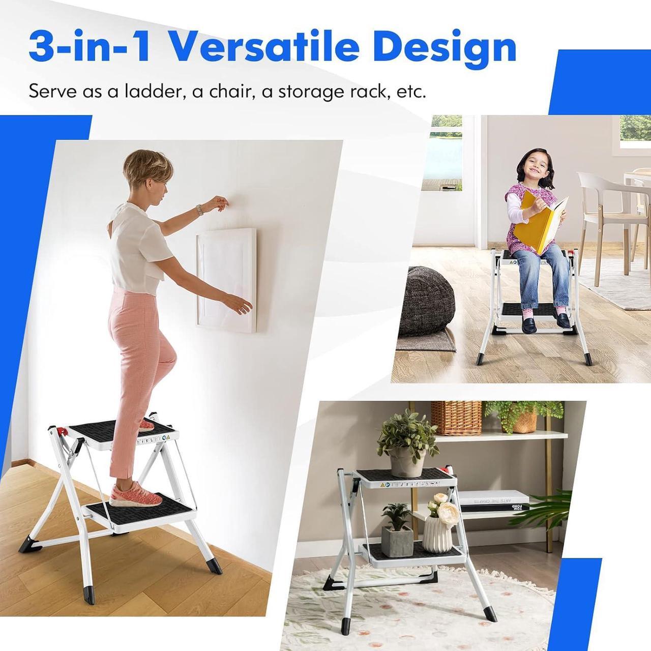 Alt view image 4 of 7 - Goplus 2 Step Ladder, Lightweight Folding Step Stool with Anti-Slip Pedals, Non-Slip Foot Covers, Heavy Duty Metal Stepladder for Household, Kitchen, 330 LBS Weight Capacity, White & Black