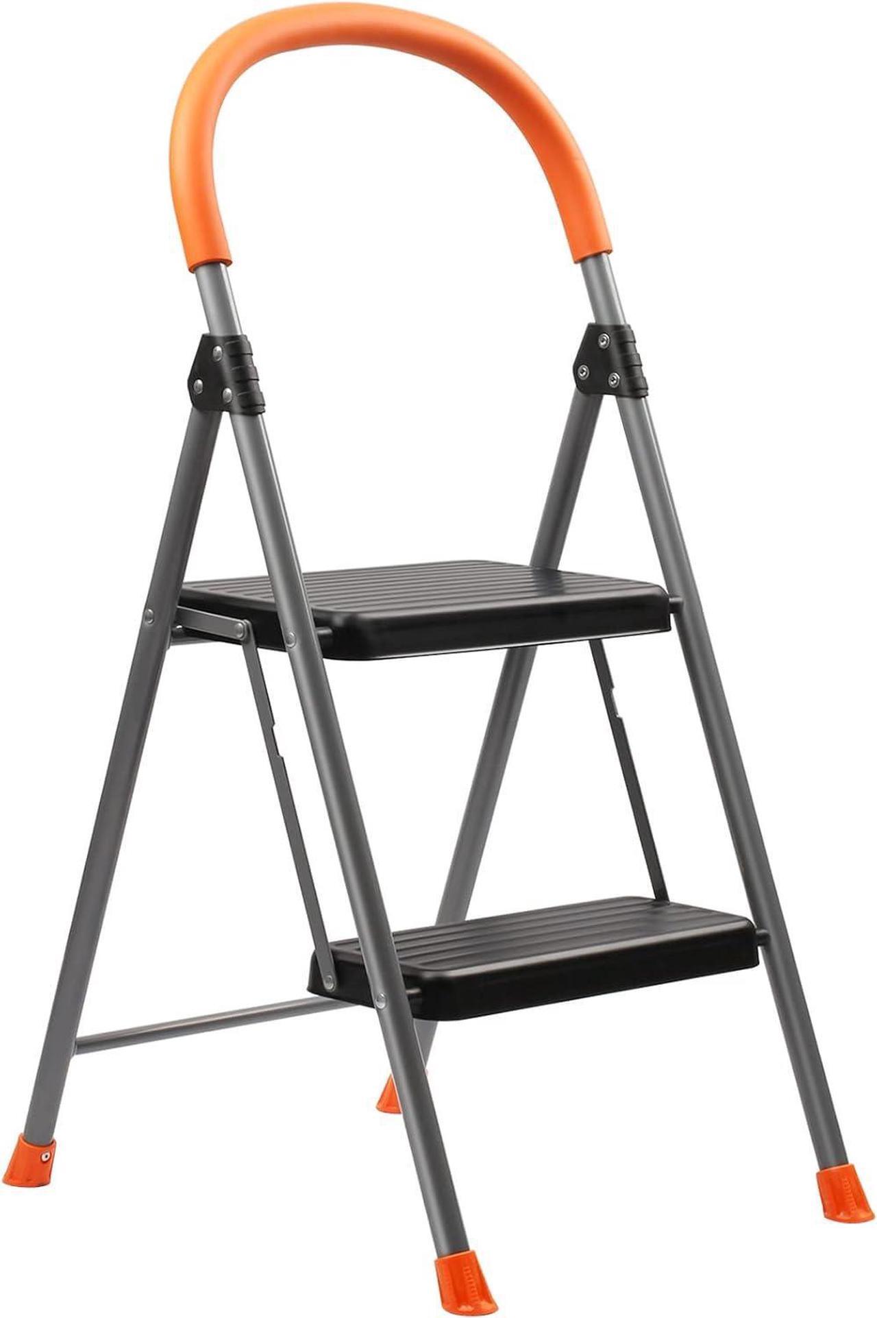 Main image of 2 Step Ladder, Folding Metal Step Stool for Adults, Portable Steel Foldable Step Ladder for Heavy Duty, Wide Anti-Slip Pedal, Lightweight and Sturdy
