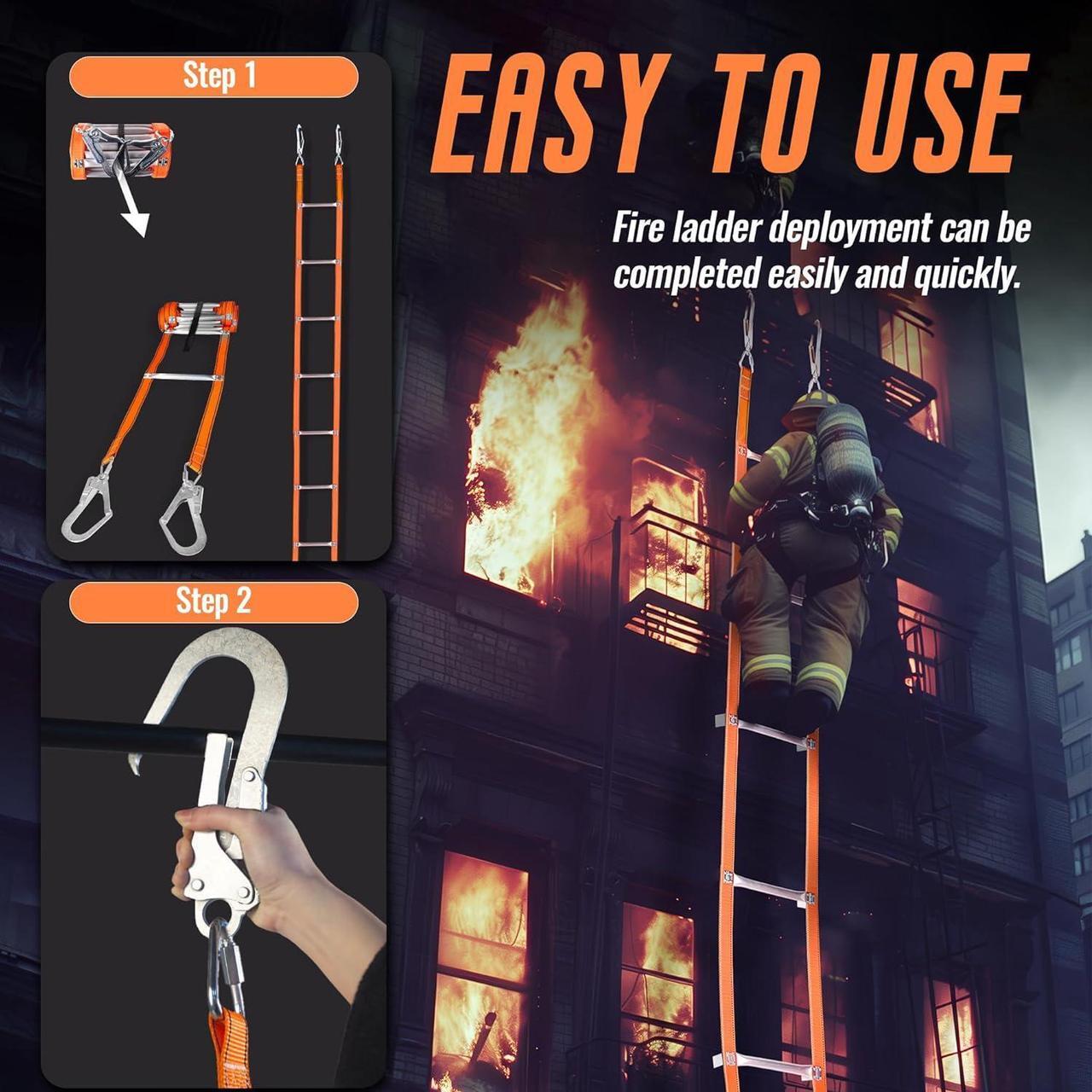 Alt view image 4 of 7 - 25Ft Fire Escape Ladder with 2 Heavy Hooks, 3 Story Emergency Fire Ladder with Aluminum Anti-Slip Rungs for Kids and Adults, Reusable Portable Safety Ladder for Windows and Balcony