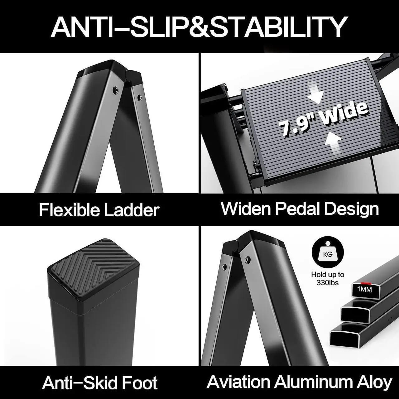 Alt view image 3 of 6 - GameGem 3 Step Ladder Folding Step Stool with Anti-Slip Sturdy and Wide Pedal for Adults&Elderly, Aluminum Portable Lightweight Stepladder for Home Kitchen Office, Black, 330lbs