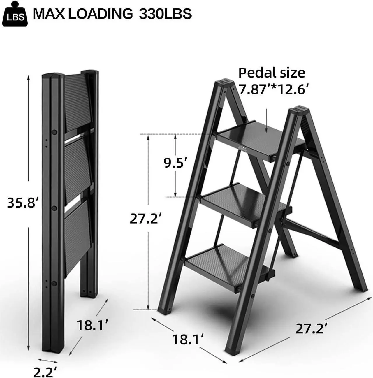 Alt view image 5 of 6 - GameGem 3 Step Ladder Folding Step Stool with Anti-Slip Sturdy and Wide Pedal for Adults&Elderly, Aluminum Portable Lightweight Stepladder for Home Kitchen Office, Black, 330lbs